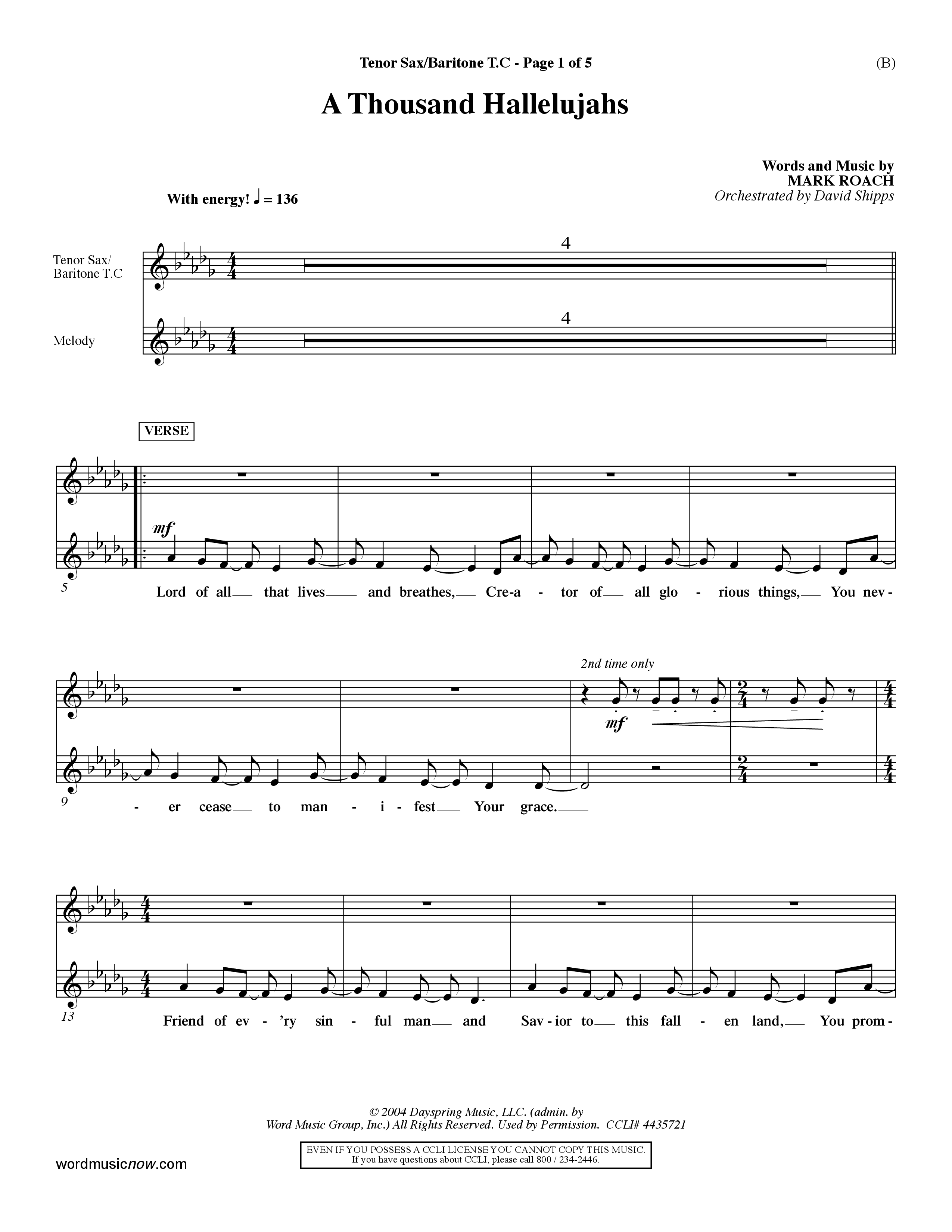 A Thousand Hallelujahs (Choral Anthem SATB) Tenor Sax/Baritone T.C. (Word Music Choral / Arr. David Shipps)