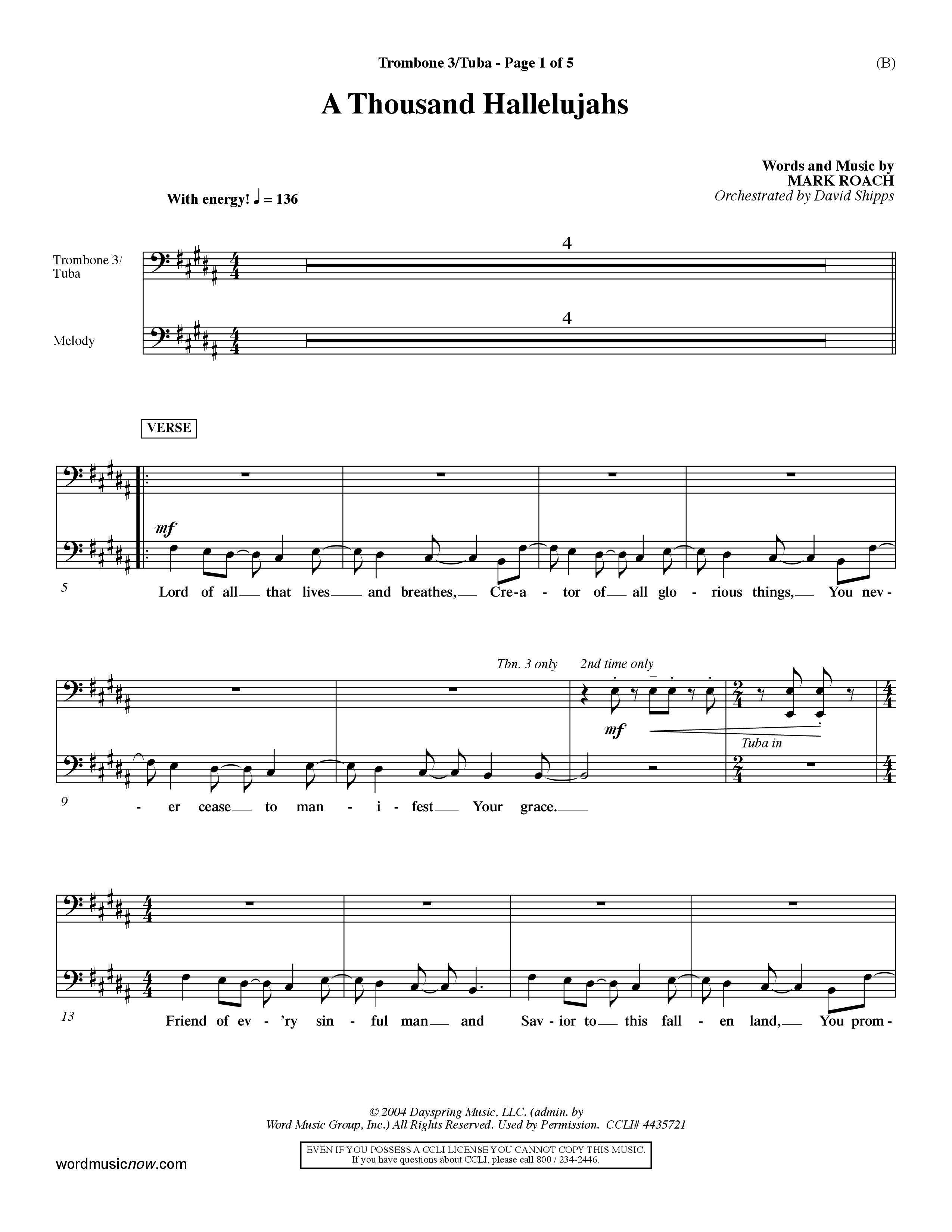 A Thousand Hallelujahs (Choral Anthem SATB) Trombone 3/Tuba (Word Music Choral / Arr. David Shipps)