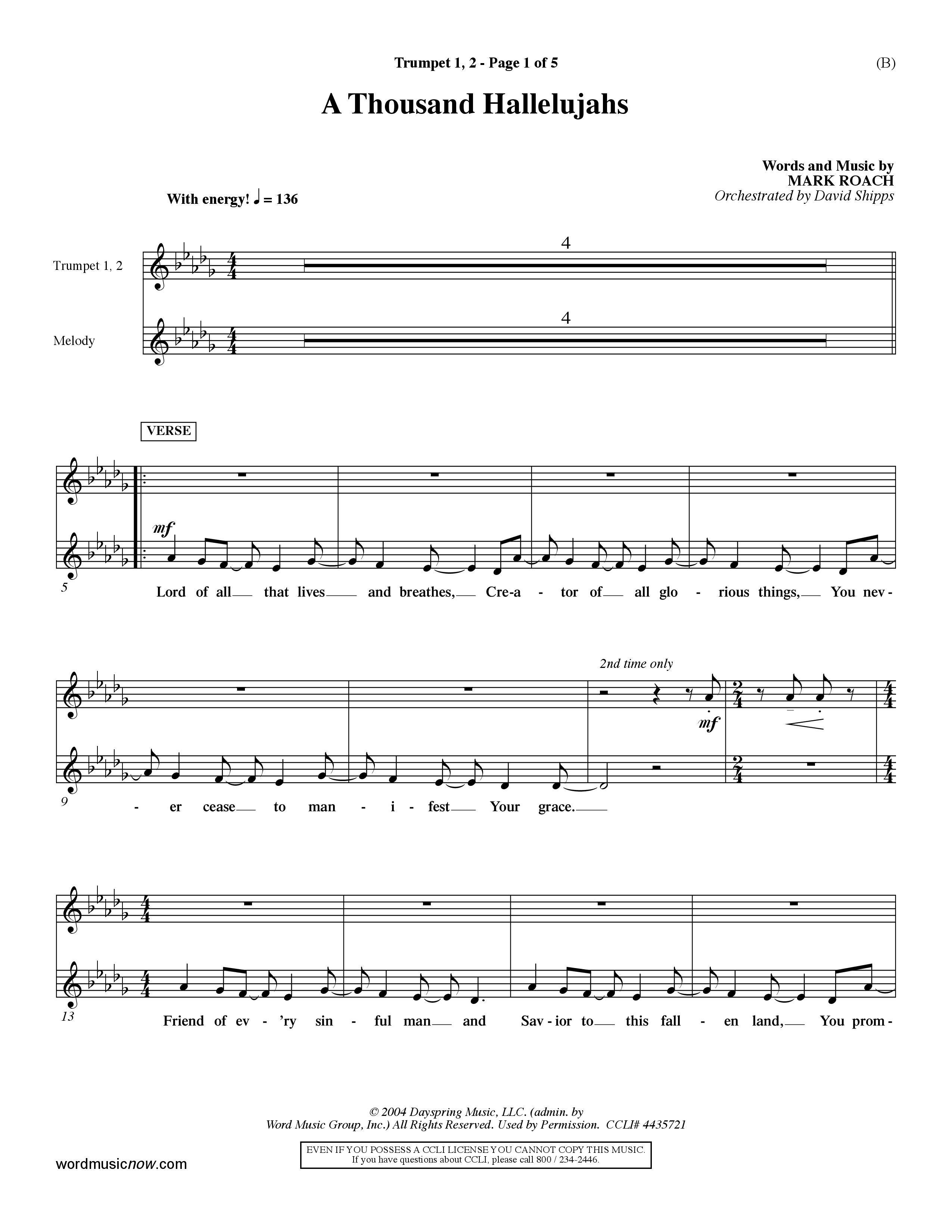 A Thousand Hallelujahs (Choral Anthem SATB) Trumpet 1,2 (Word Music Choral / Arr. David Shipps)