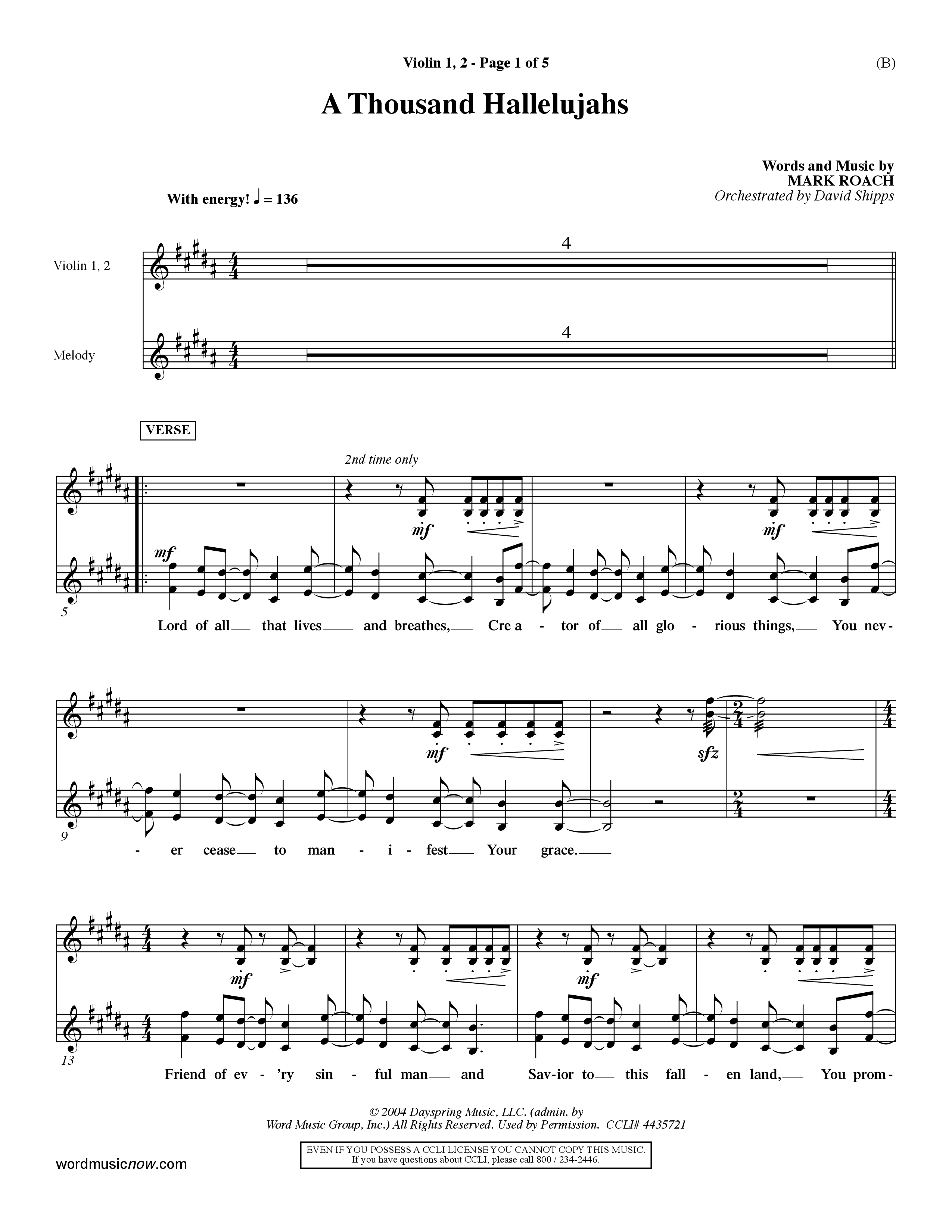 A Thousand Hallelujahs (Choral Anthem SATB) Violin 1/2 (Word Music Choral / Arr. David Shipps)