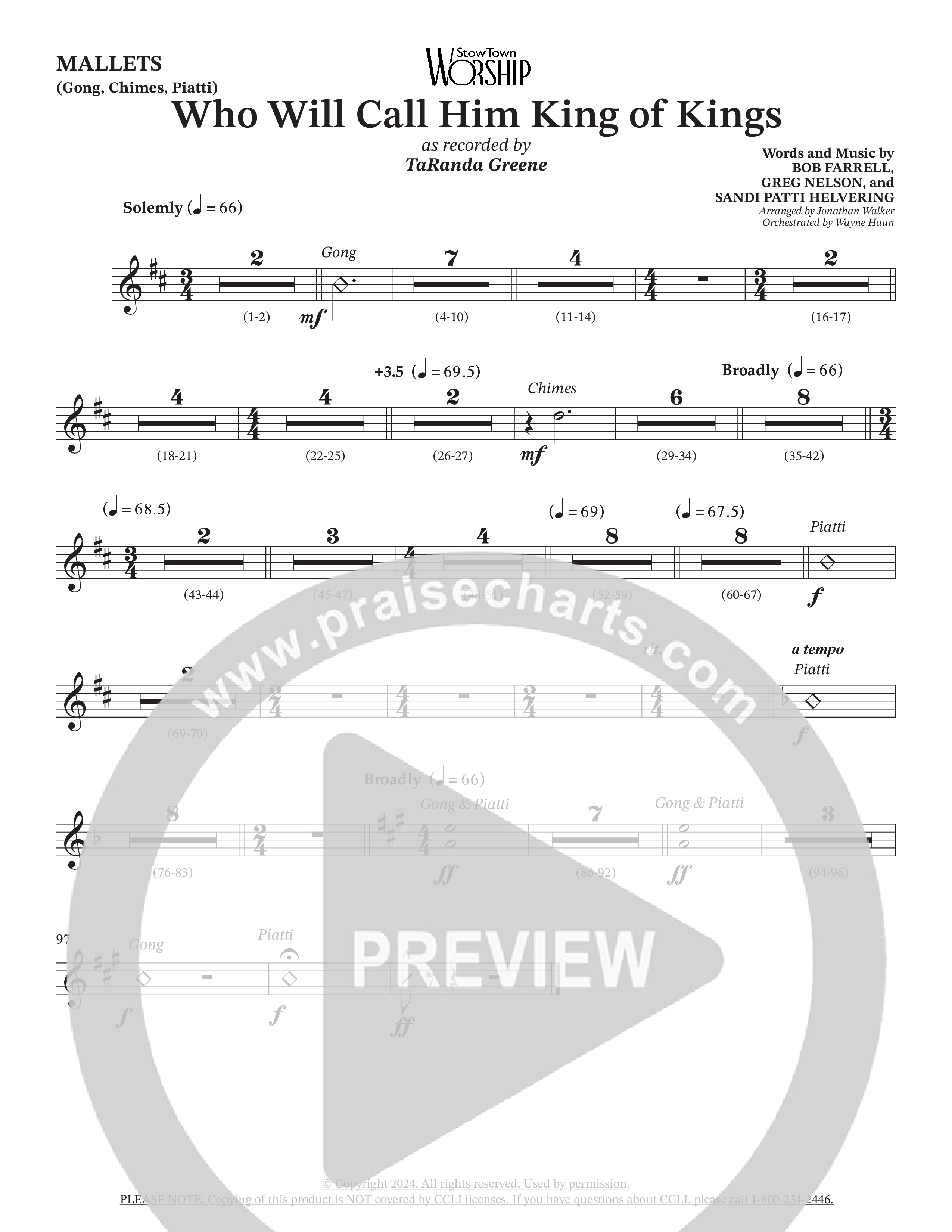 Who Will Call Him King Of Kings (Choral Anthem SATB) Mallets (TaRanda Greene / Prestonwood Choir / Arr. Jonathan Walker / Orch. Wayne Haun)
