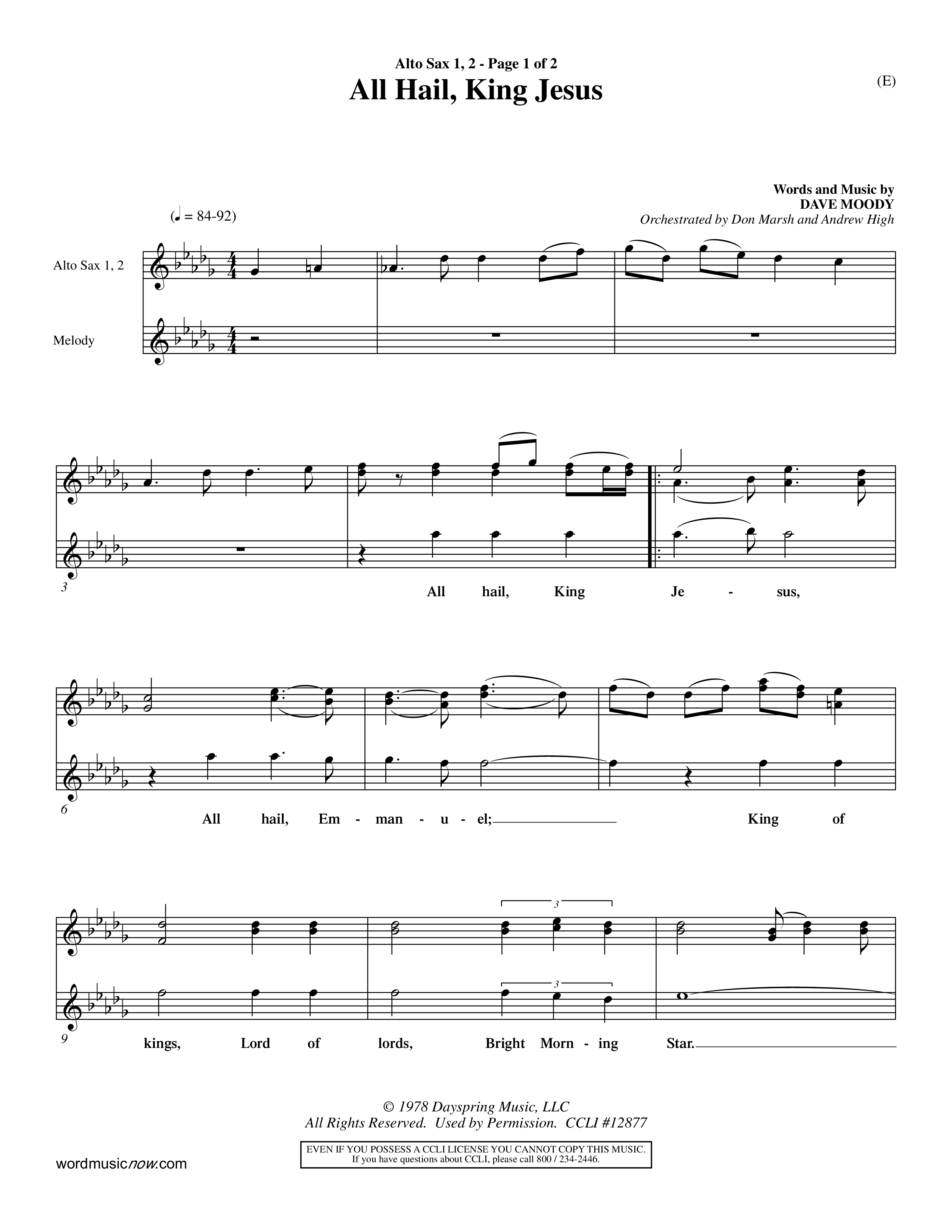 All Hail King Jesus (Choral Anthem SATB) Alto Sax 1/2 (Word Music / Arr. Don Marsh / Orch. Andrew High)