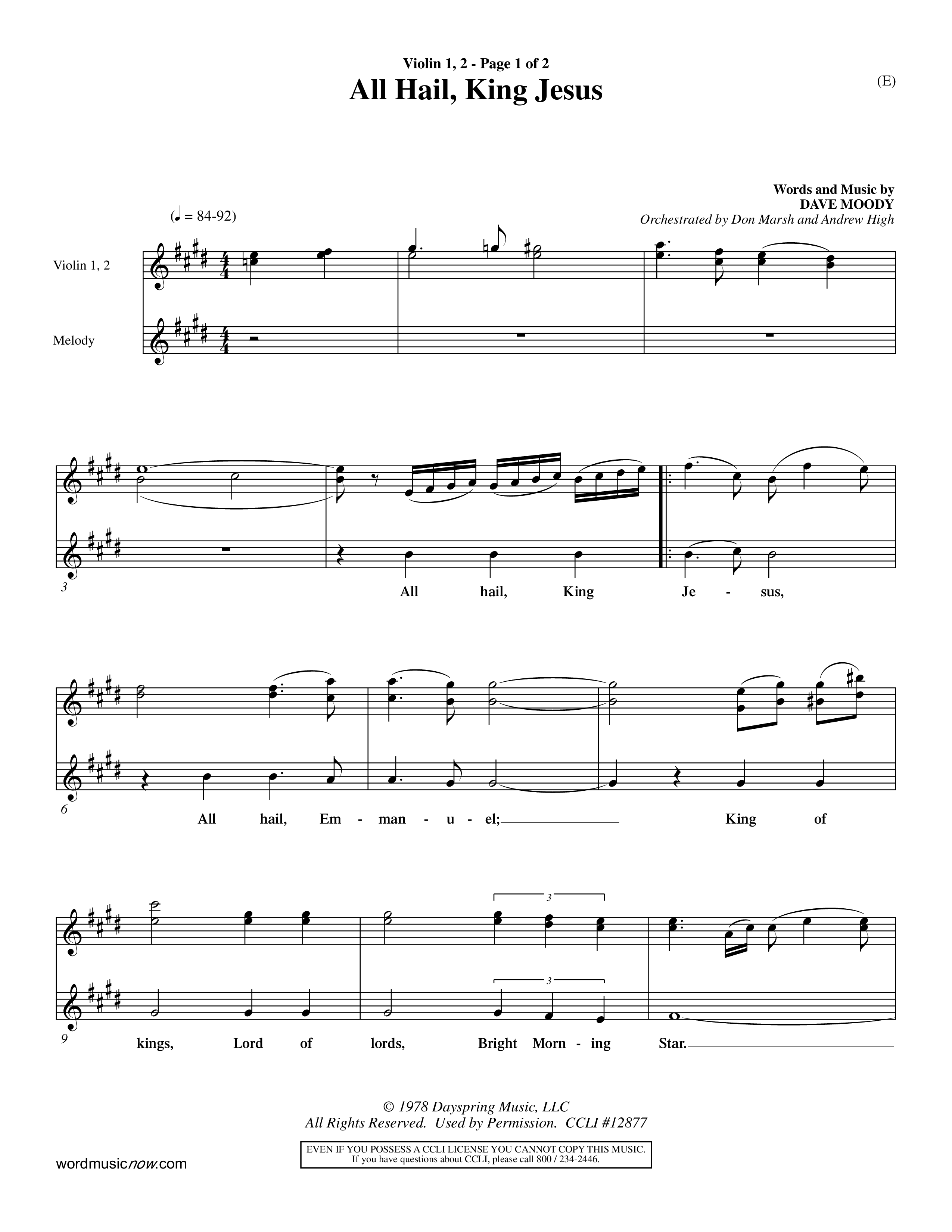All Hail King Jesus (Choral Anthem SATB) Violin 1/2 (Word Music / Arr. Don Marsh / Orch. Andrew High)