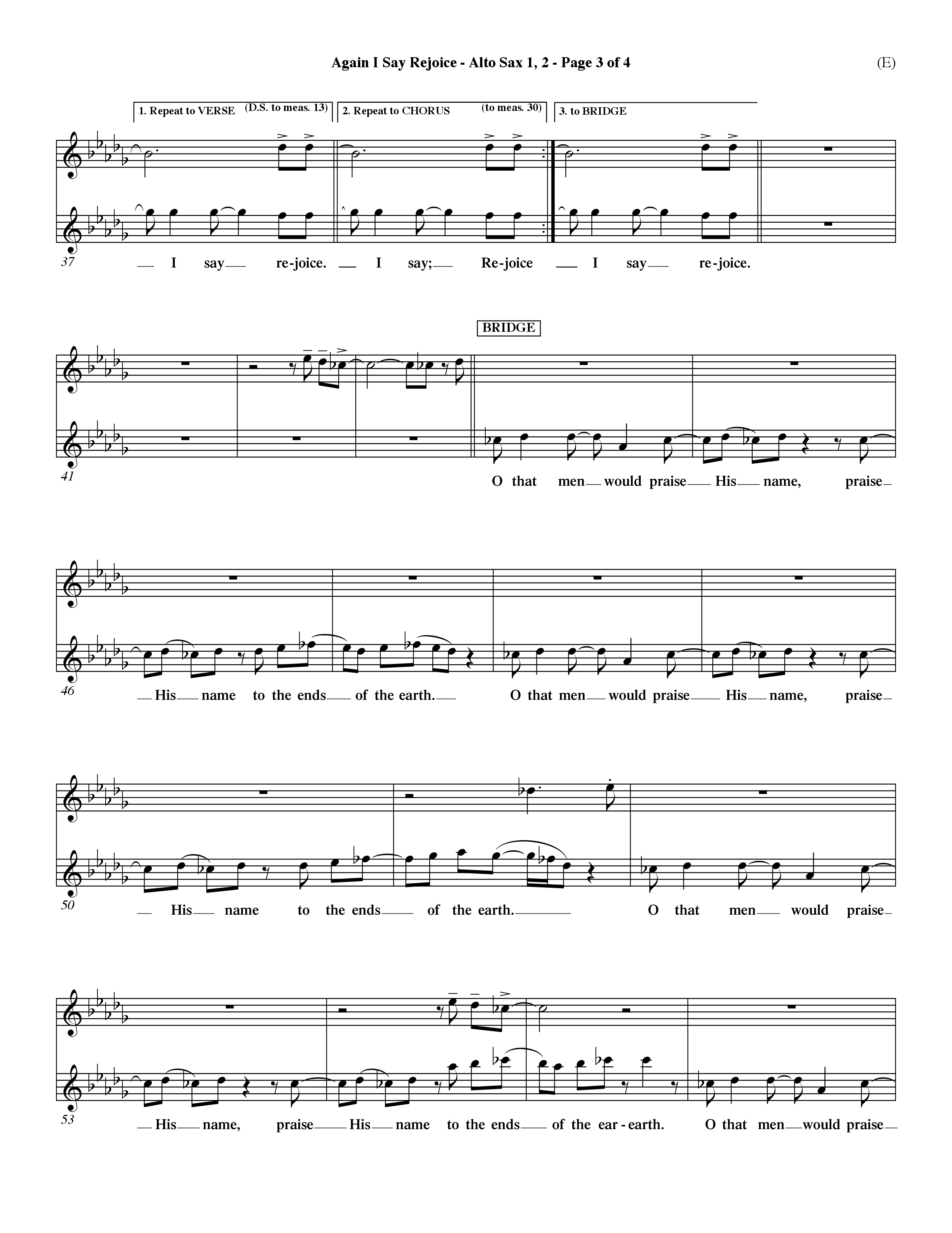 Again I Say Rejoice (Choral Anthem SATB) Alto Sax 1/2 (Word Music Choral / Arr. Dave Williamson)