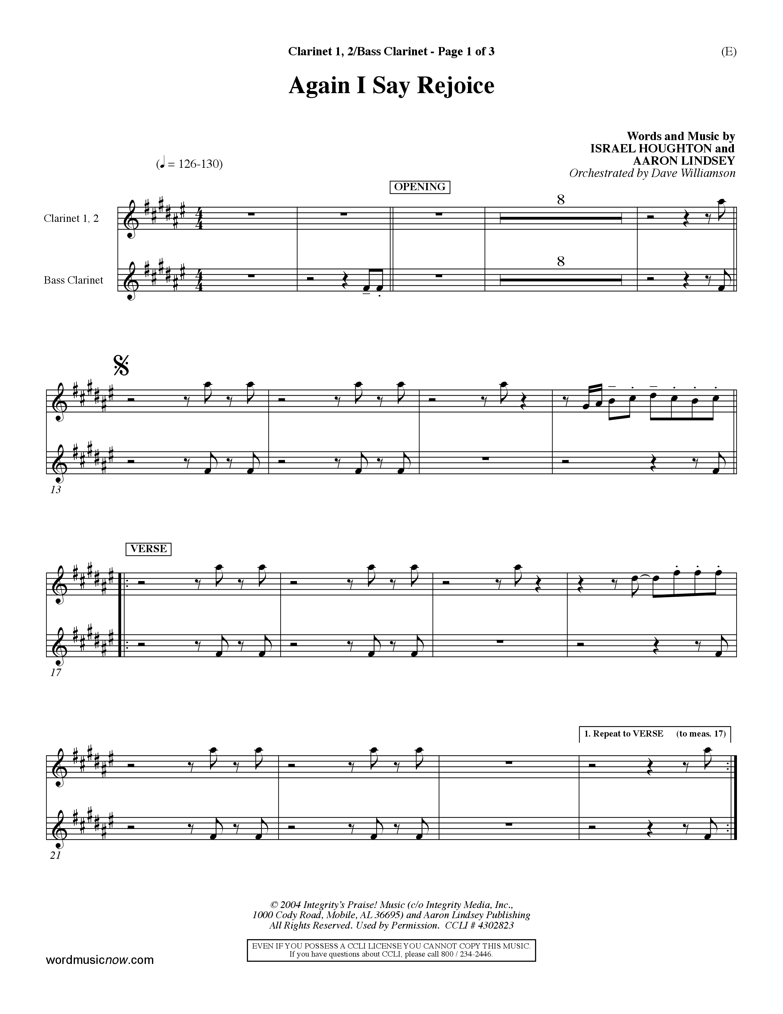 Again I Say Rejoice (Choral Anthem SATB) Clarinet 1/2, Bass Clarinet (Word Music Choral / Arr. Dave Williamson)