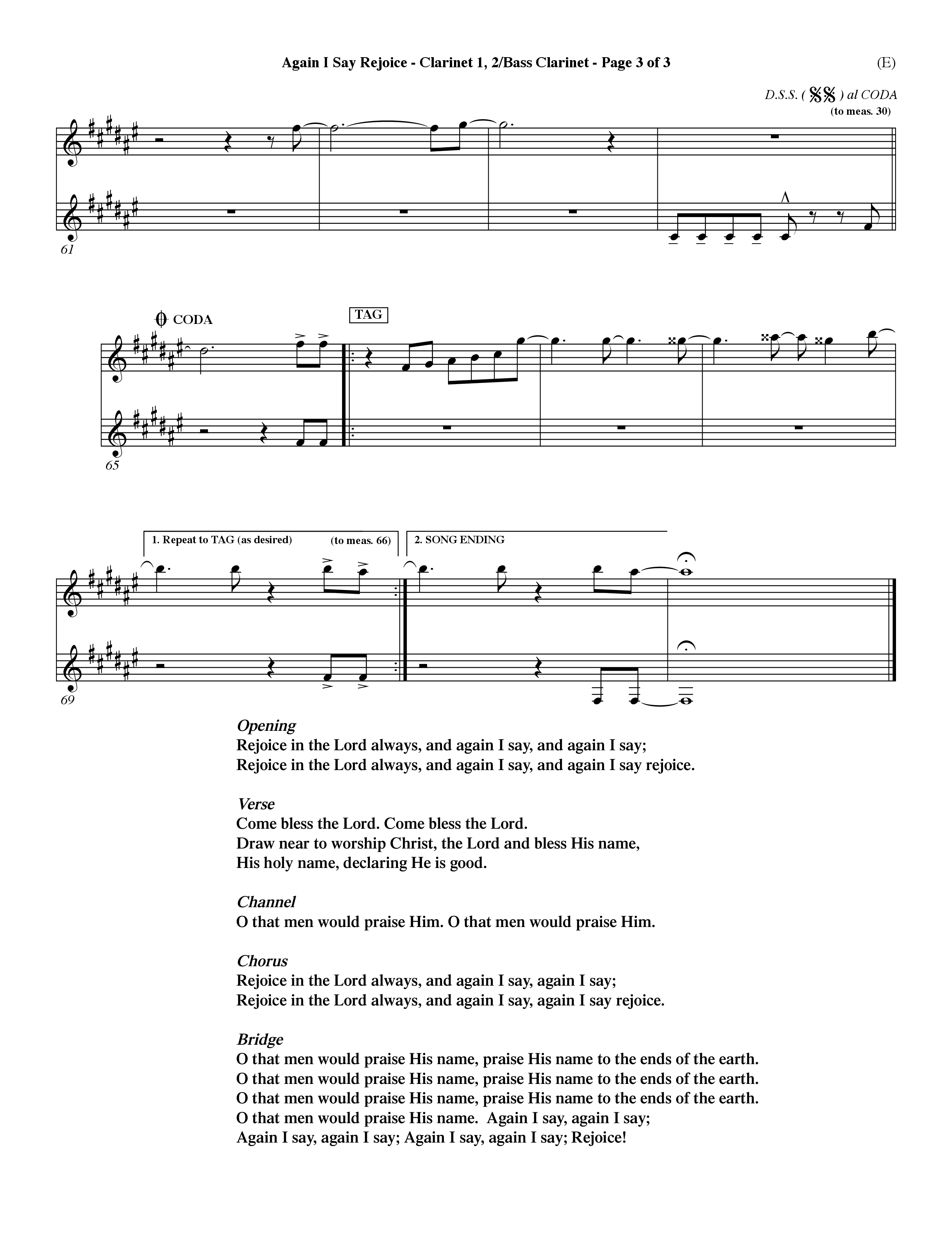 Again I Say Rejoice (Choral Anthem SATB) Clarinet 1/2, Bass Clarinet (Word Music Choral / Arr. Dave Williamson)