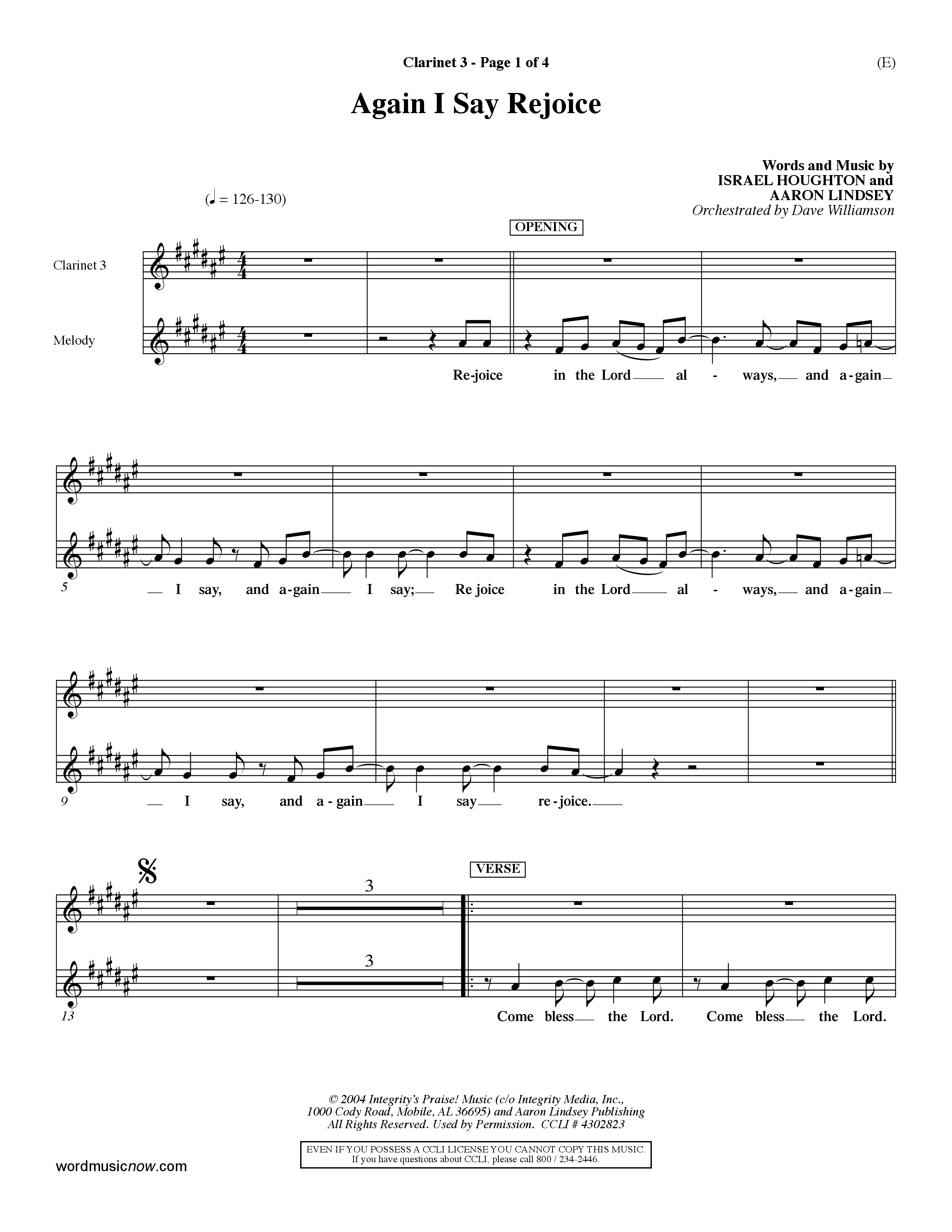 Again I Say Rejoice (Choral Anthem SATB) Clarinet 3 (Word Music Choral / Arr. Dave Williamson)