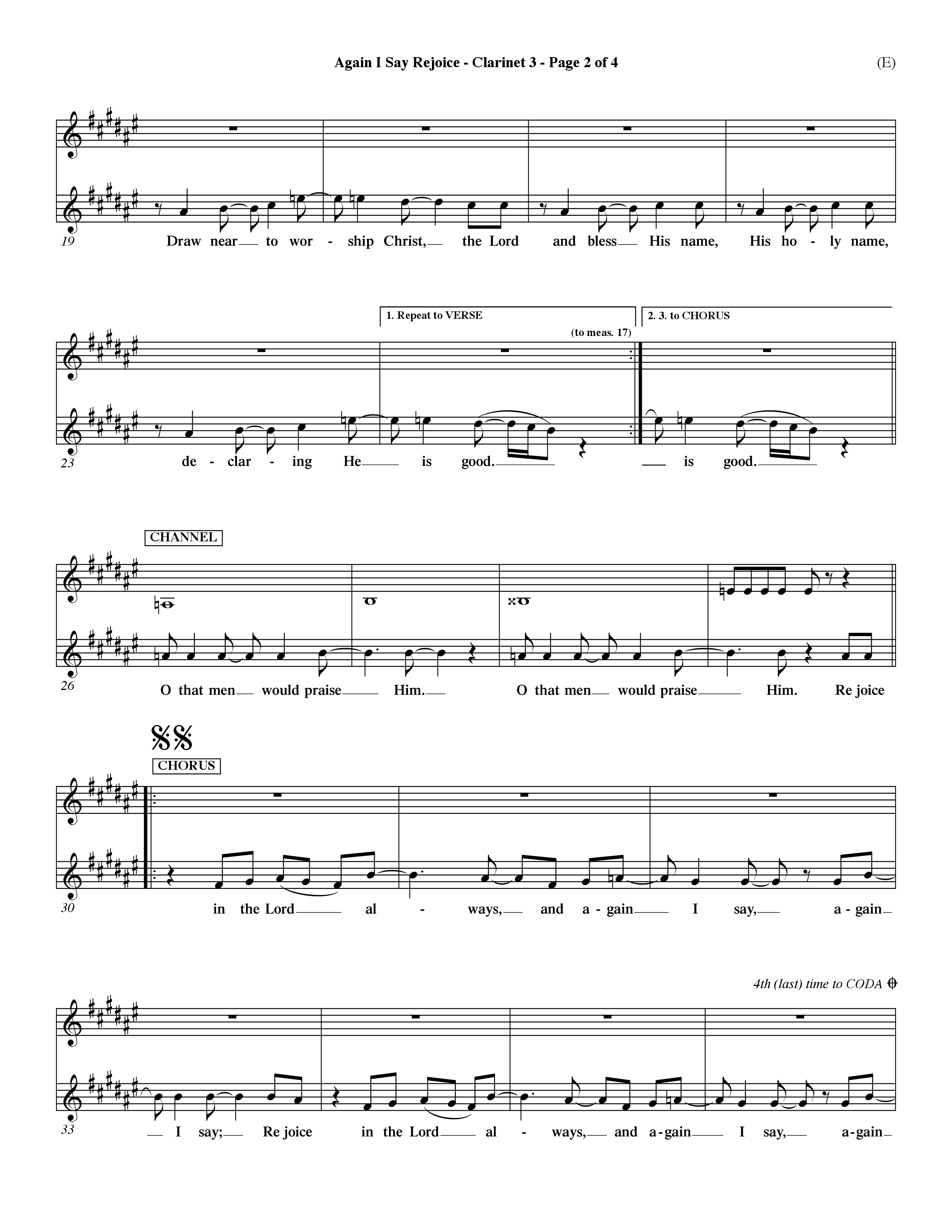Again I Say Rejoice (Choral Anthem SATB) Clarinet 3 (Word Music Choral / Arr. Dave Williamson)