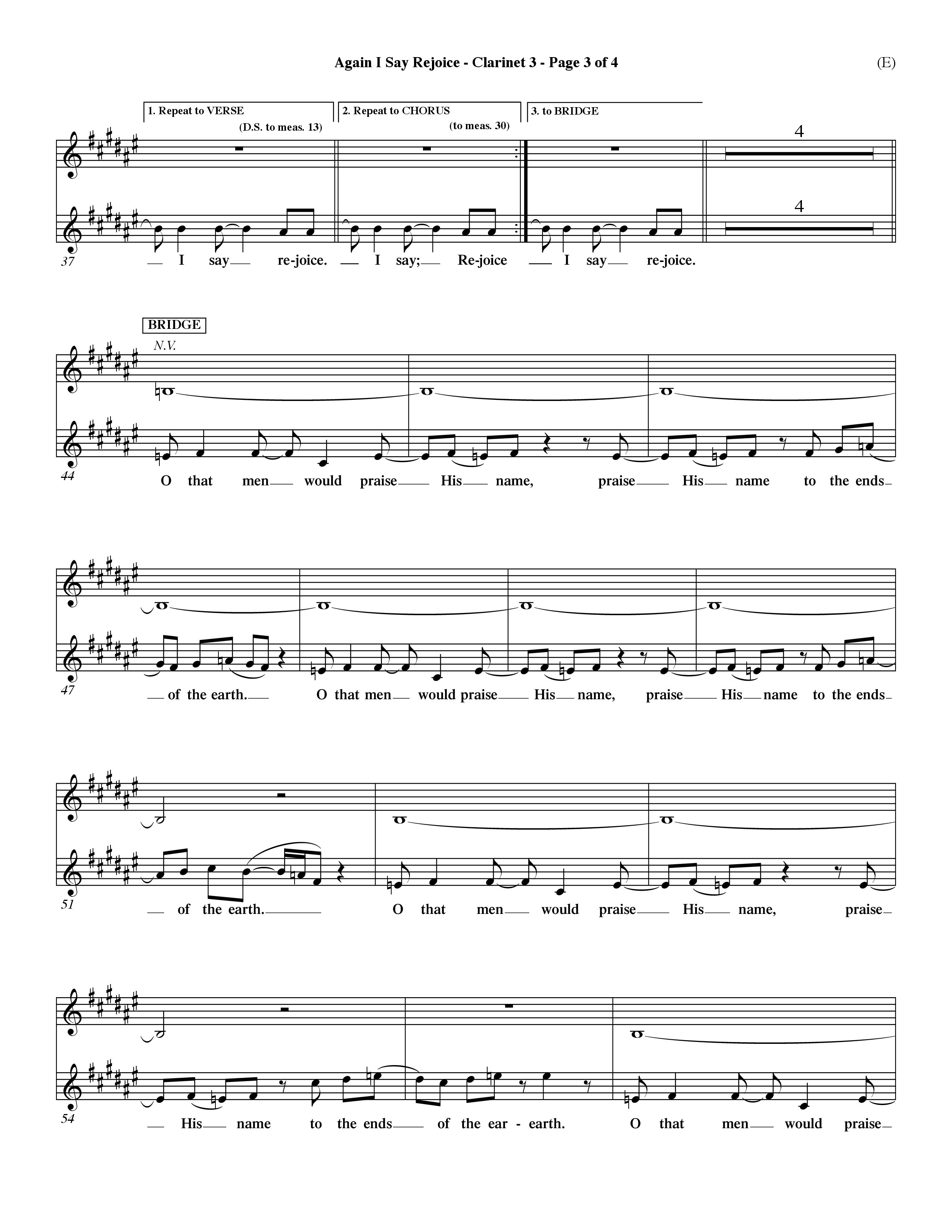Again I Say Rejoice (Choral Anthem SATB) Clarinet 3 (Word Music Choral / Arr. Dave Williamson)