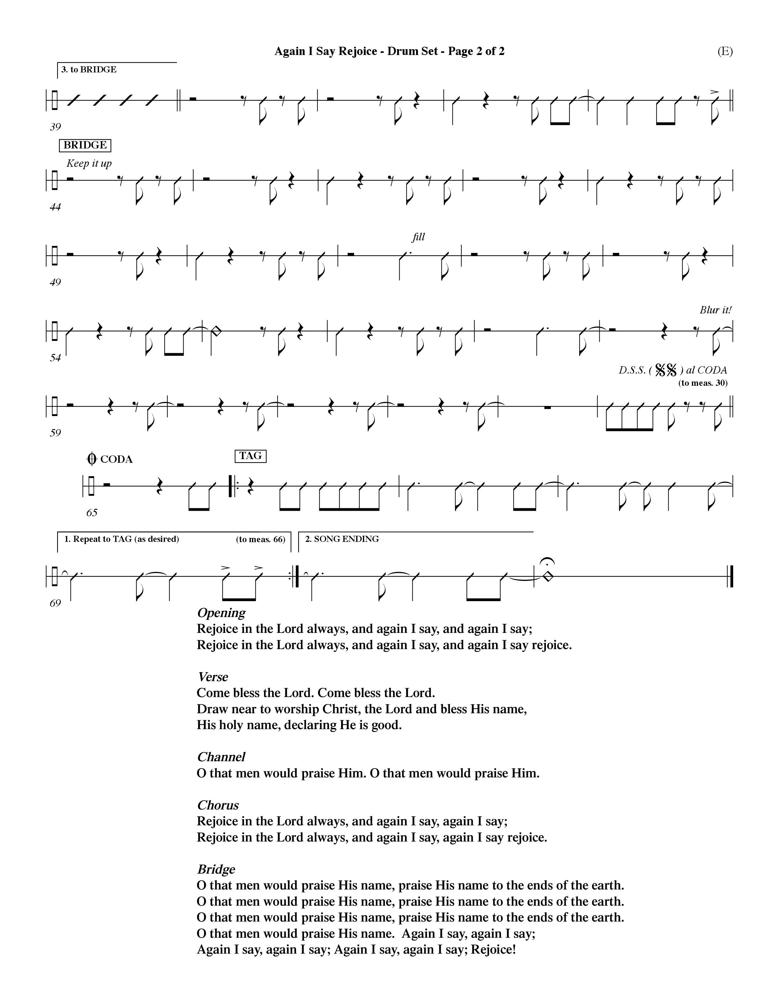 Again I Say Rejoice (Choral Anthem SATB) Drum Set (Word Music Choral / Arr. Dave Williamson)