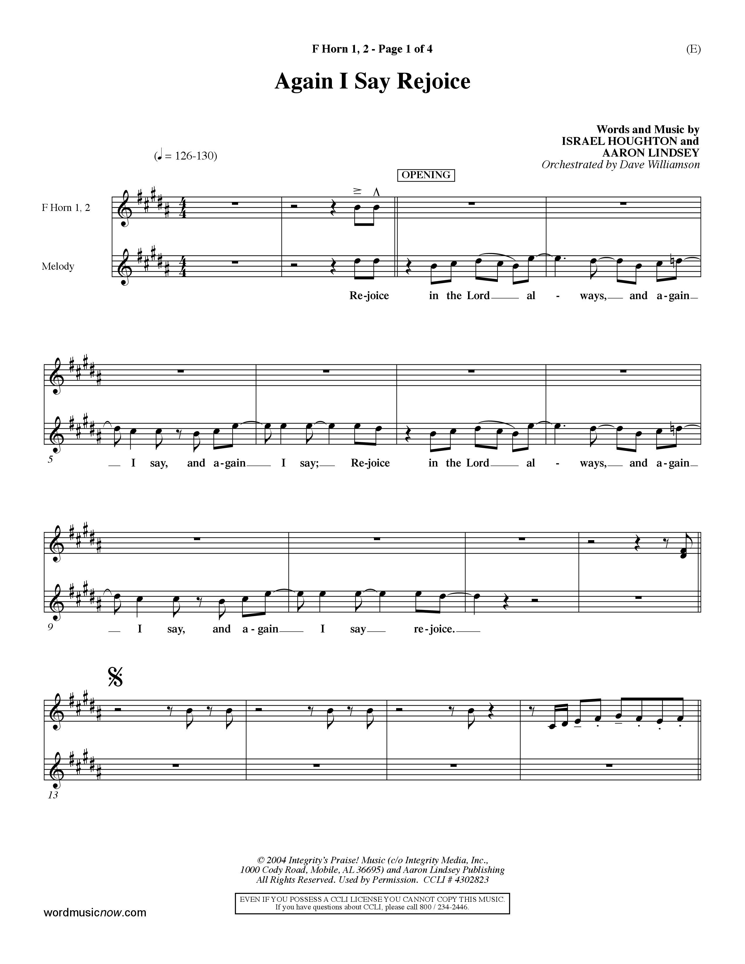 Again I Say Rejoice (Choral Anthem SATB) French Horn (Word Music Choral / Arr. Dave Williamson)