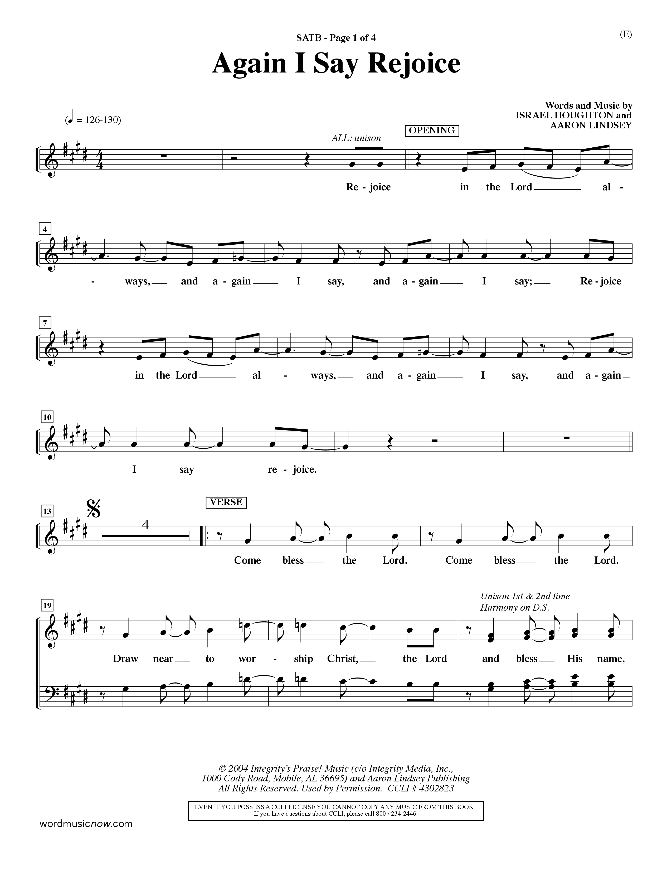 Again I Say Rejoice (Choral Anthem SATB) Keyboard/Vocal (SATB) (Word Music Choral / Arr. Dave Williamson)