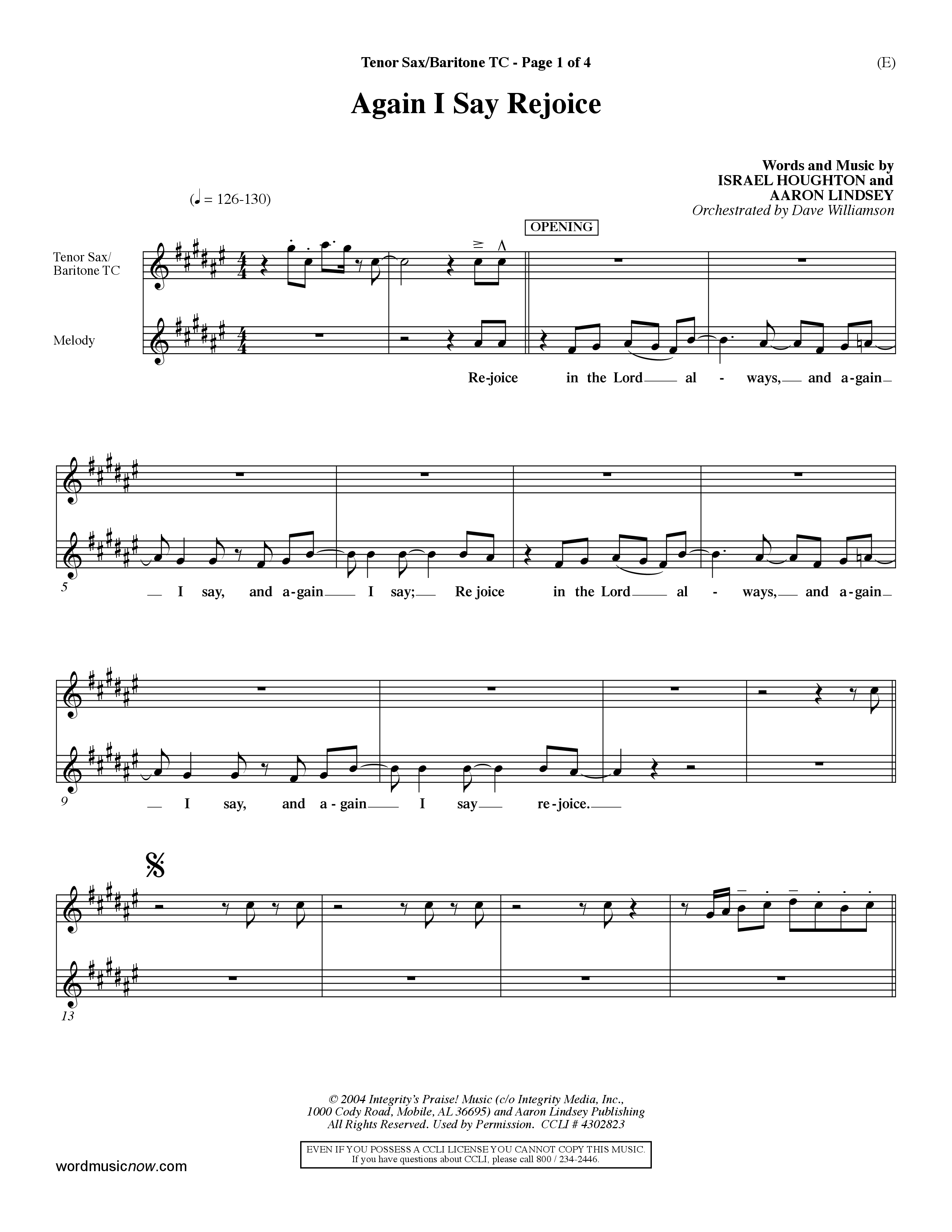 Again I Say Rejoice (Choral Anthem SATB) Tenor Sax/Baritone T.C. (Word Music Choral / Arr. Dave Williamson)
