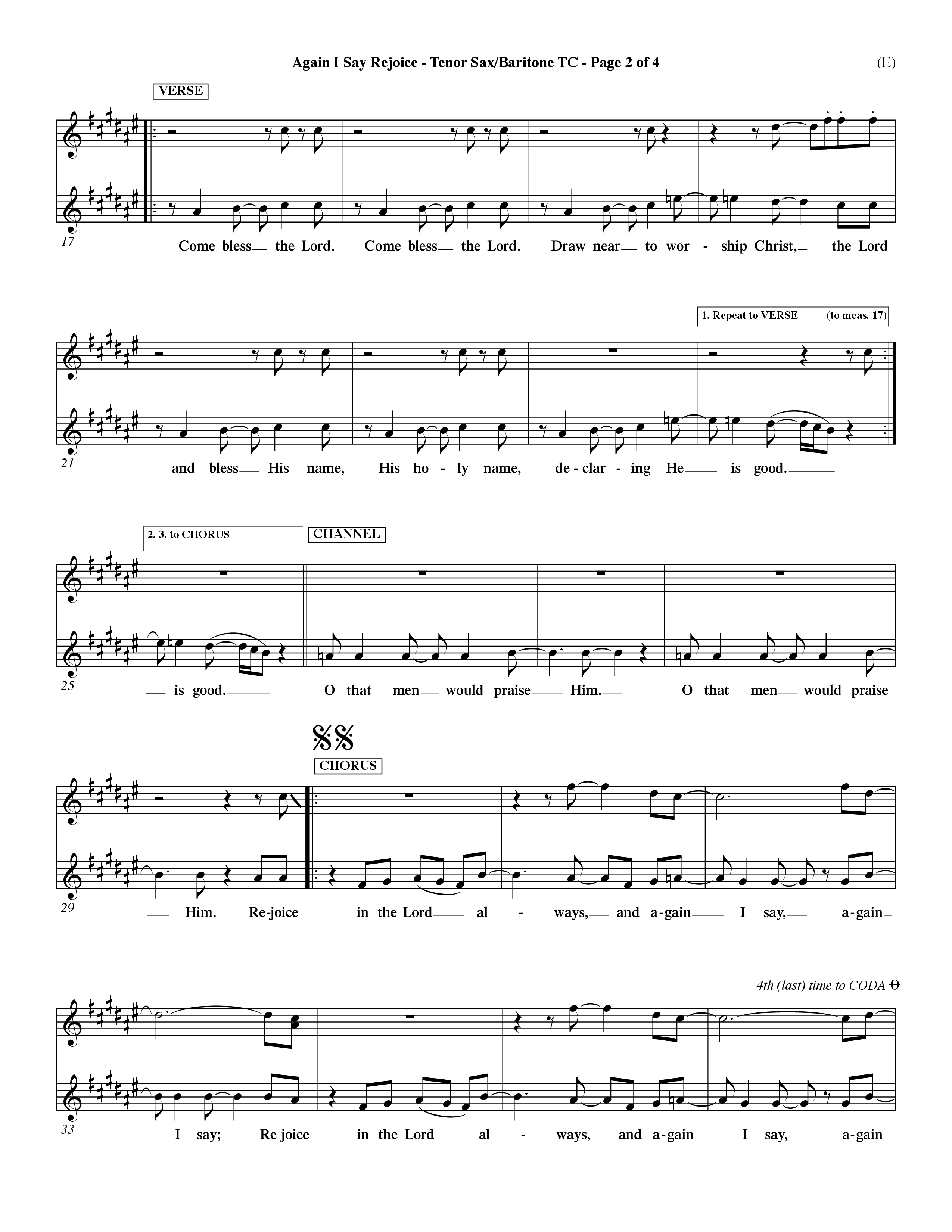 Again I Say Rejoice (Choral Anthem SATB) Tenor Sax/Baritone T.C. (Word Music Choral / Arr. Dave Williamson)