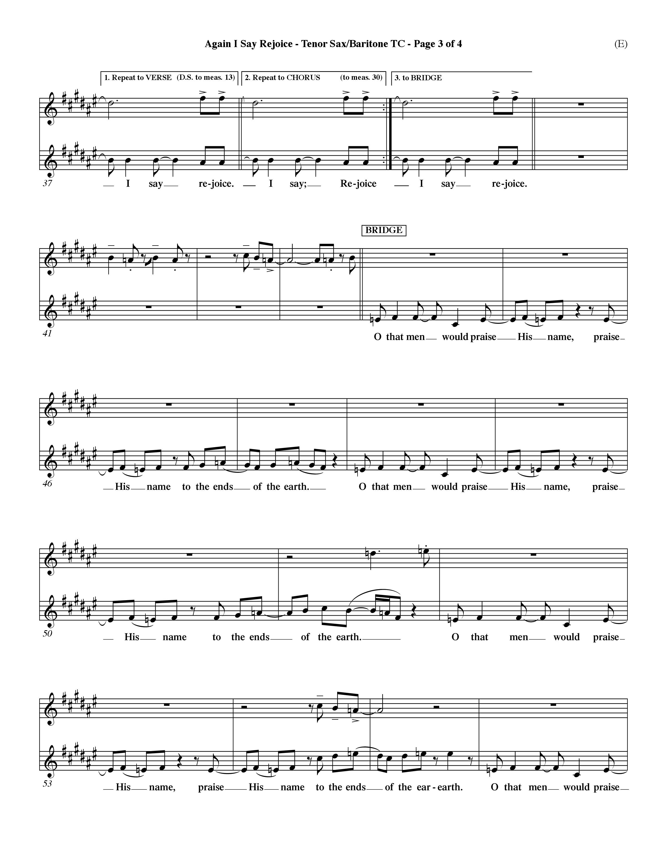 Again I Say Rejoice (Choral Anthem SATB) Tenor Sax/Baritone T.C. (Word Music Choral / Arr. Dave Williamson)