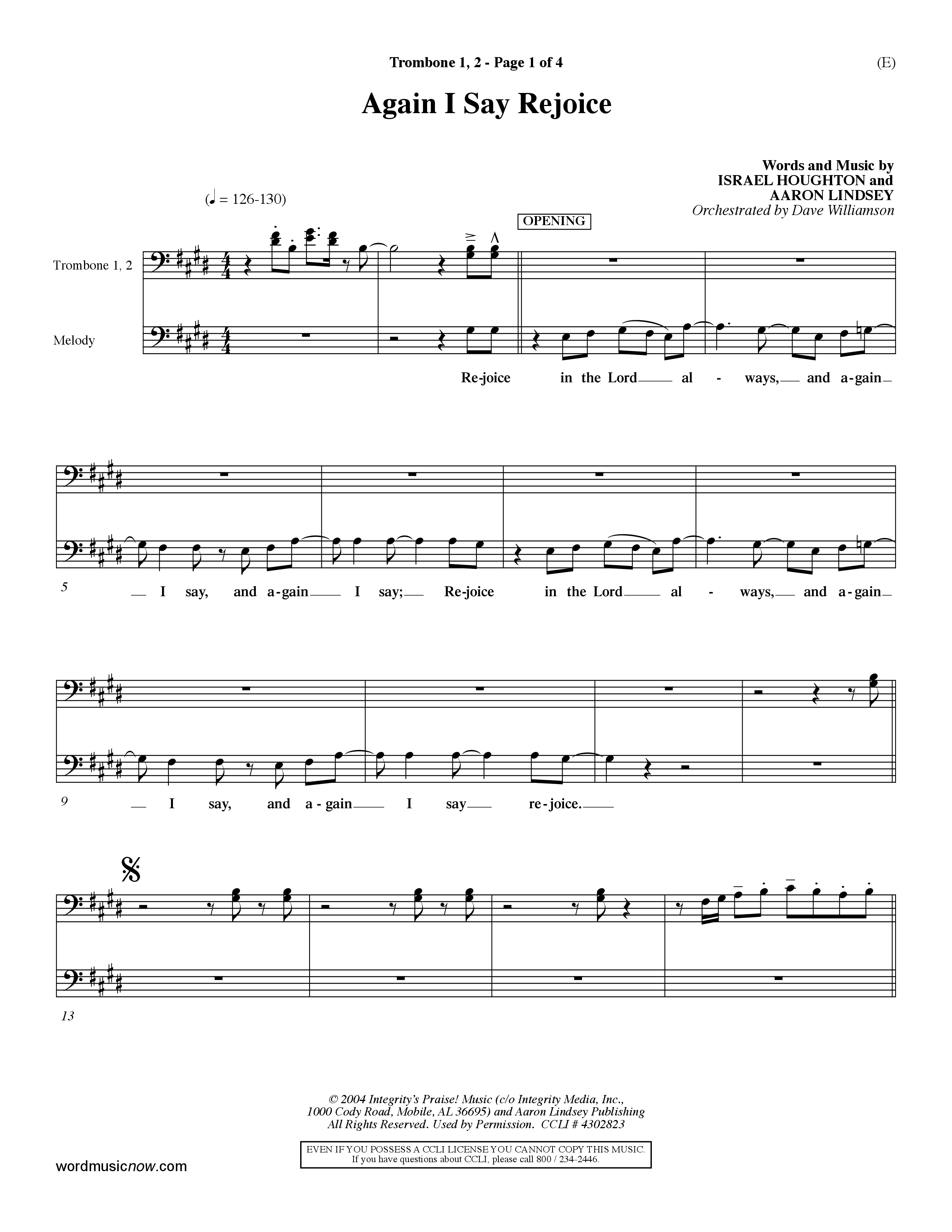 Again I Say Rejoice (Choral Anthem SATB) Trombone 1/2 (Word Music Choral / Arr. Dave Williamson)