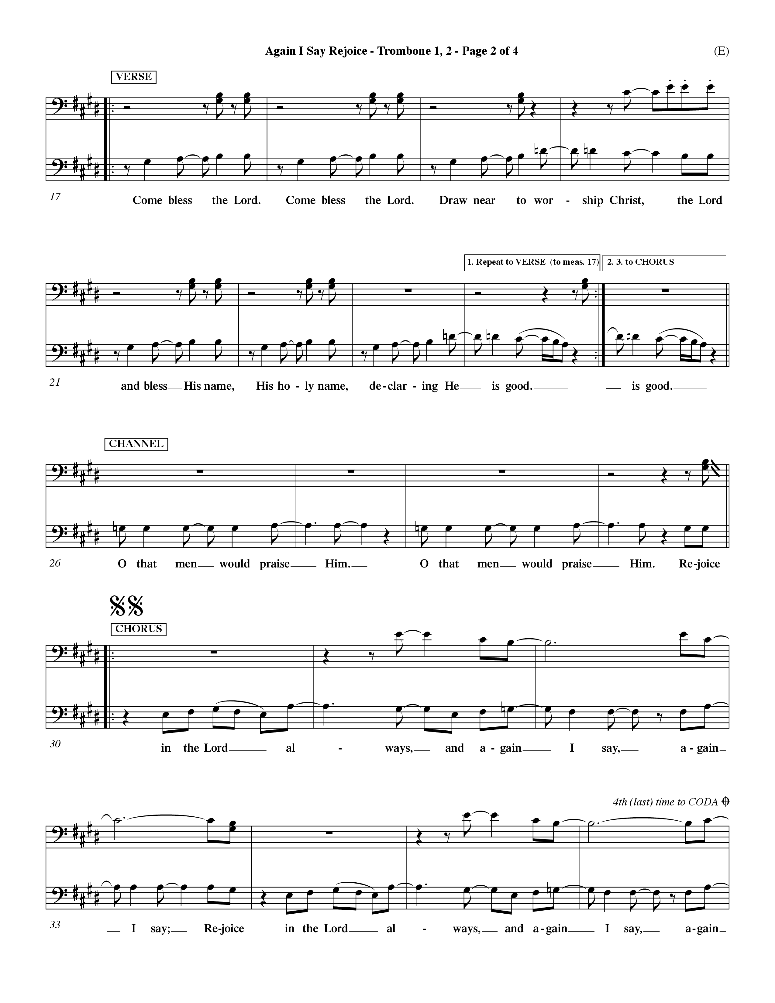 Again I Say Rejoice (Choral Anthem SATB) Trombone 1/2 (Word Music Choral / Arr. Dave Williamson)