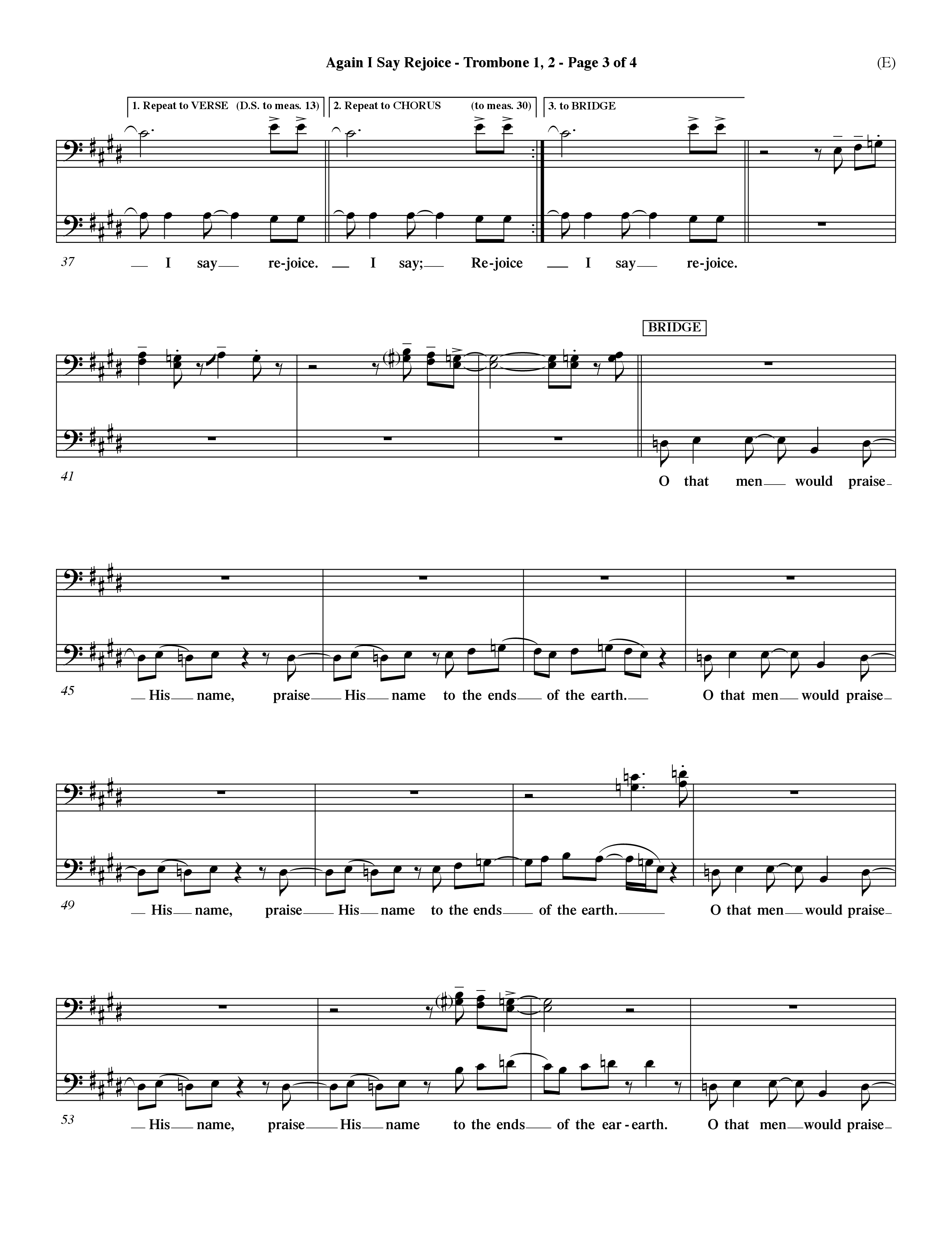 Again I Say Rejoice (Choral Anthem SATB) Trombone 1/2 (Word Music Choral / Arr. Dave Williamson)