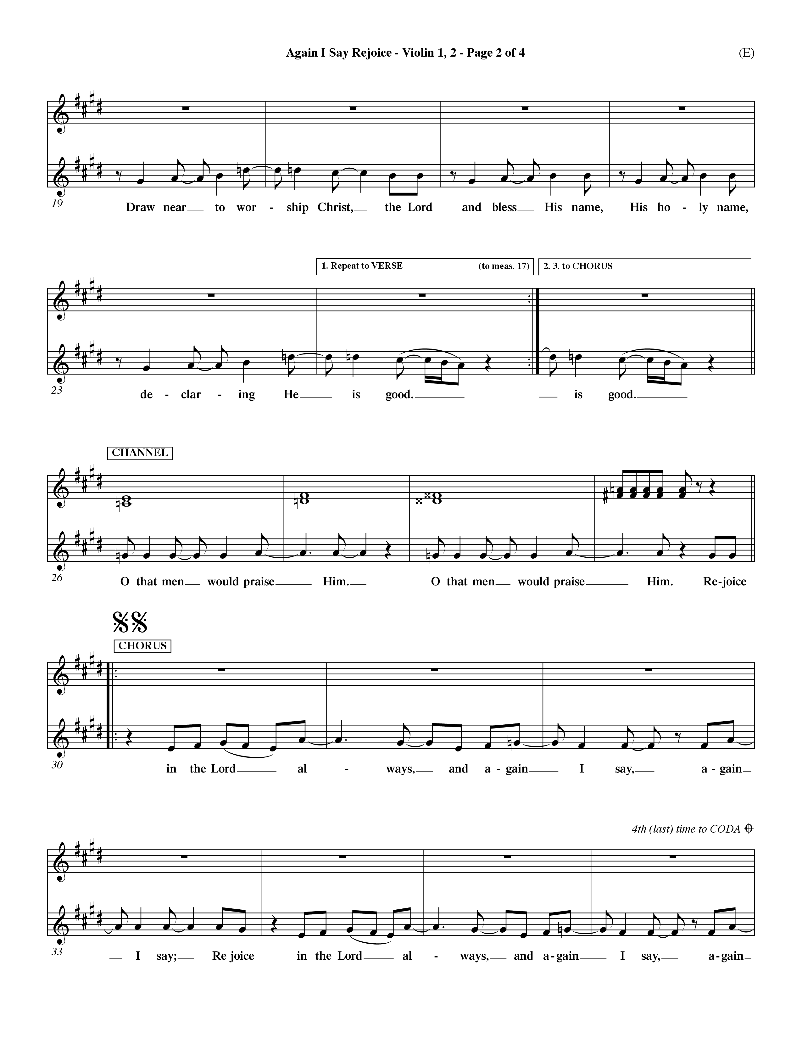 Again I Say Rejoice (Choral Anthem SATB) Violin 1/2 (Word Music Choral / Arr. Dave Williamson)