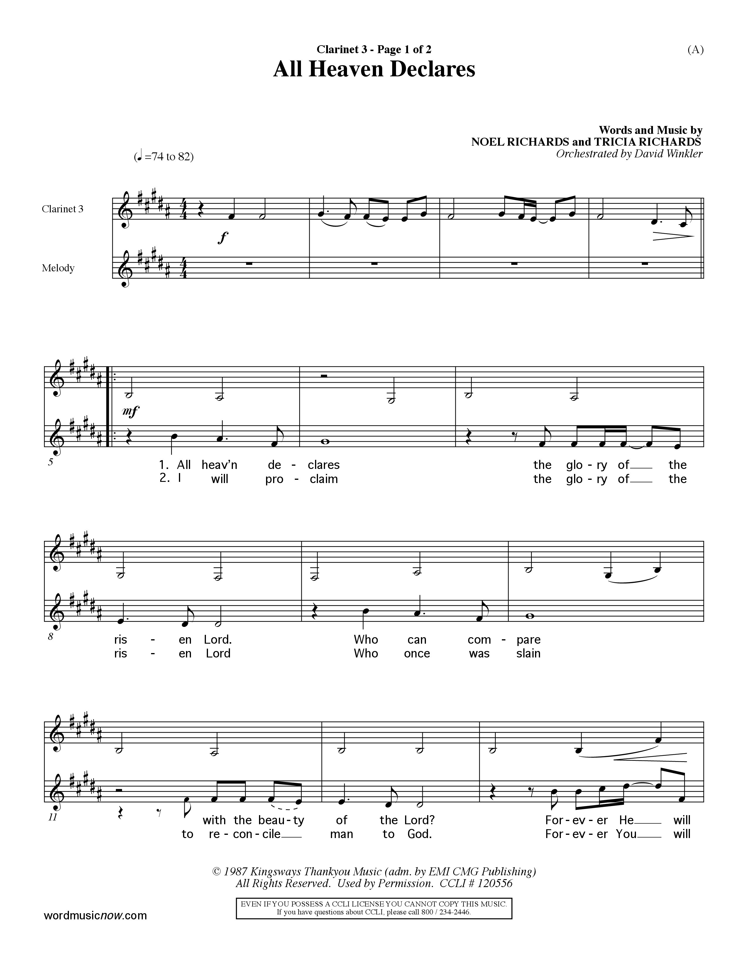 All Heaven Declares (Choral Anthem SATB) Clarinet 3 (Word Music Choral / Arr. David Winkler)