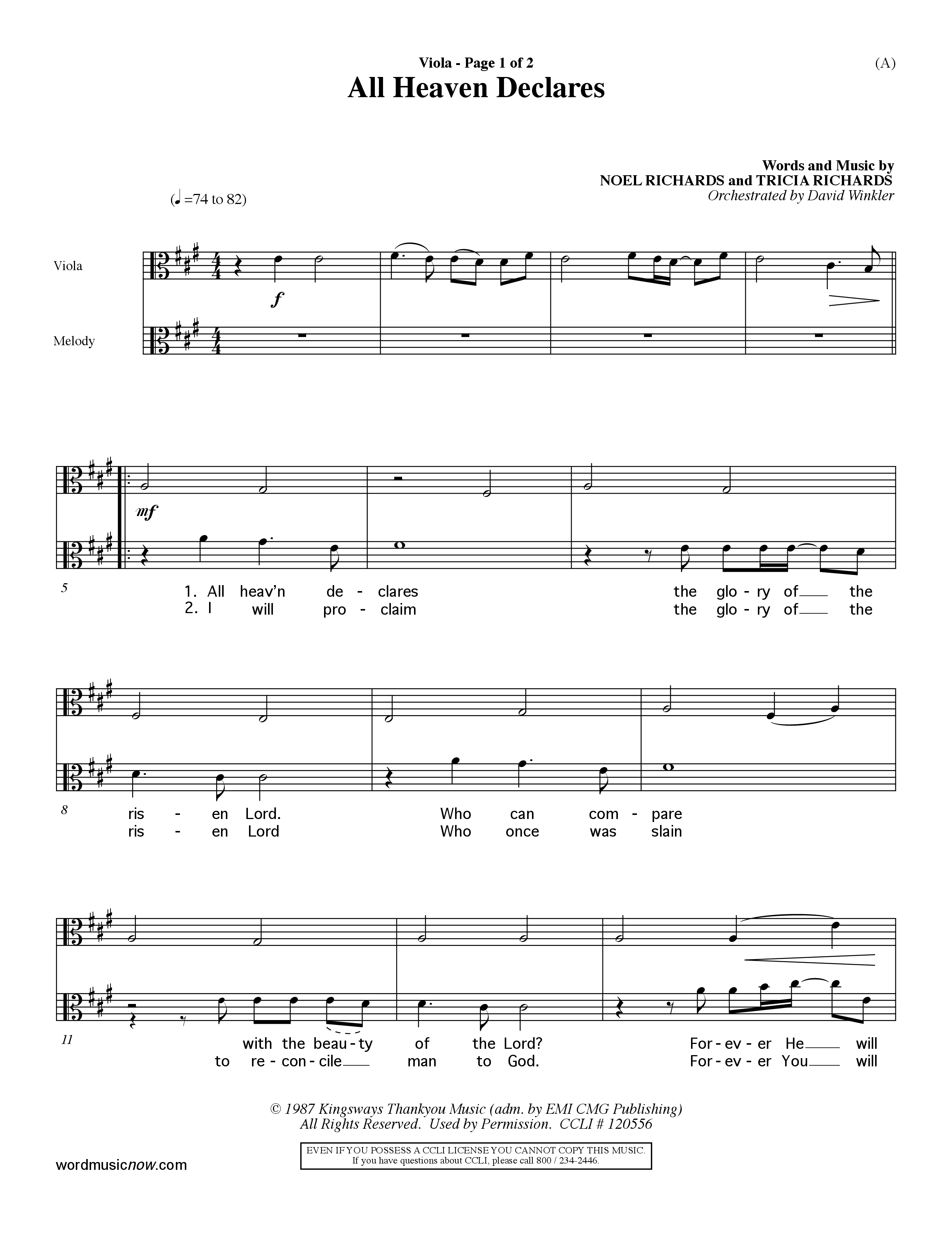 All Heaven Declares (Choral Anthem SATB) Viola (Word Music Choral / Arr. David Winkler)