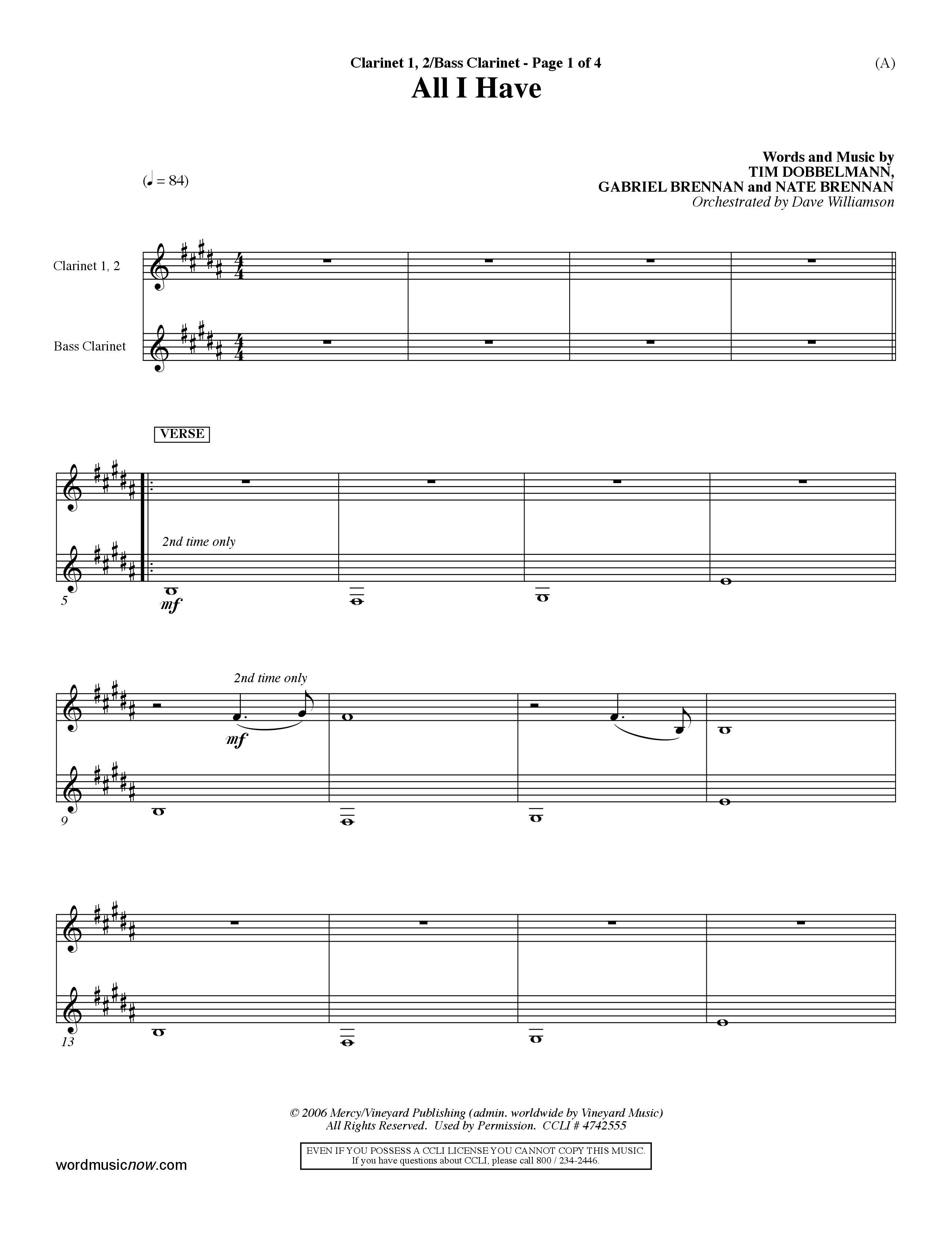 All I Have (Choral Anthem SATB) Clarinet 1/2, Bass Clarinet (Word Music Choral / Orch. Dave Williamson)