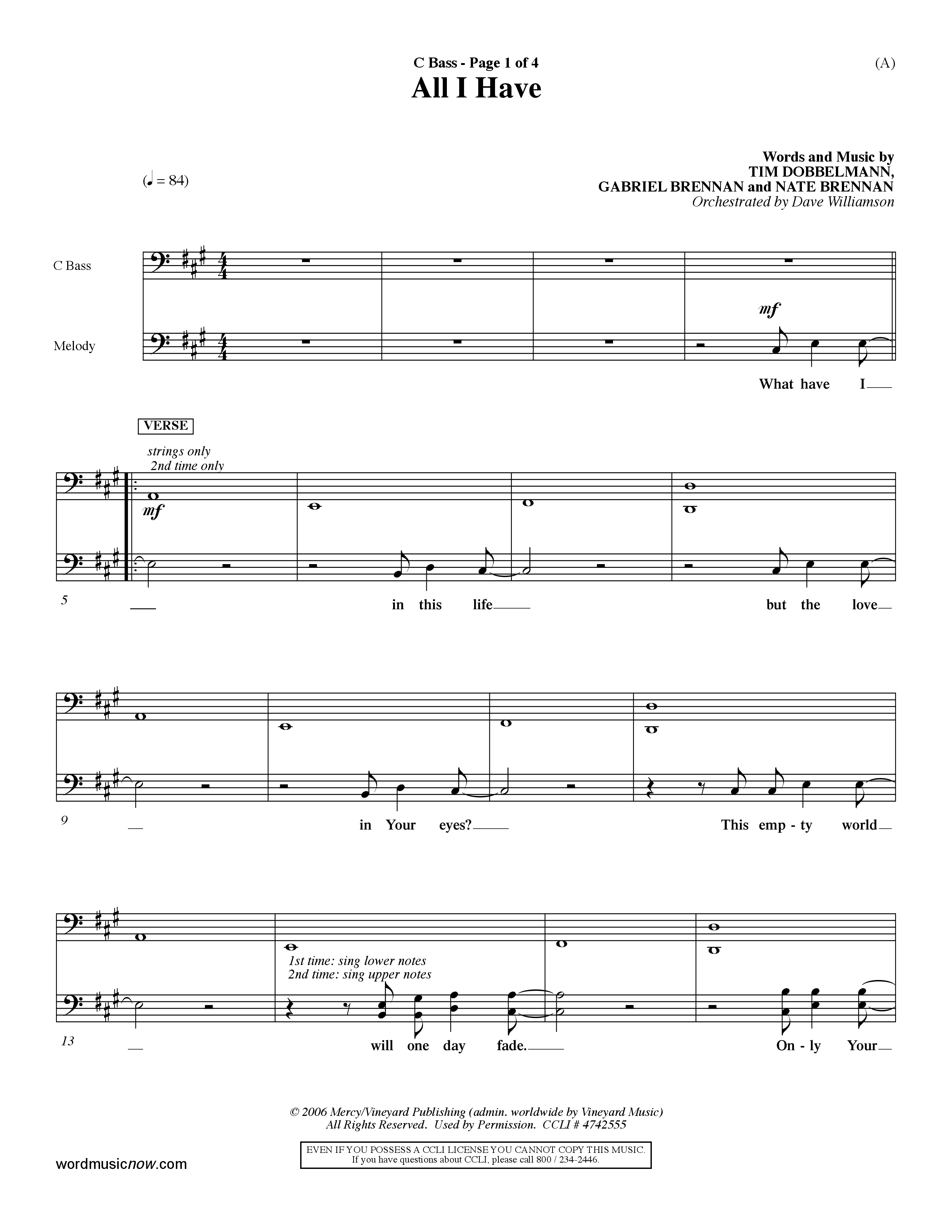 All I Have (Choral Anthem SATB) Contrabass (Word Music Choral / Orch. Dave Williamson)