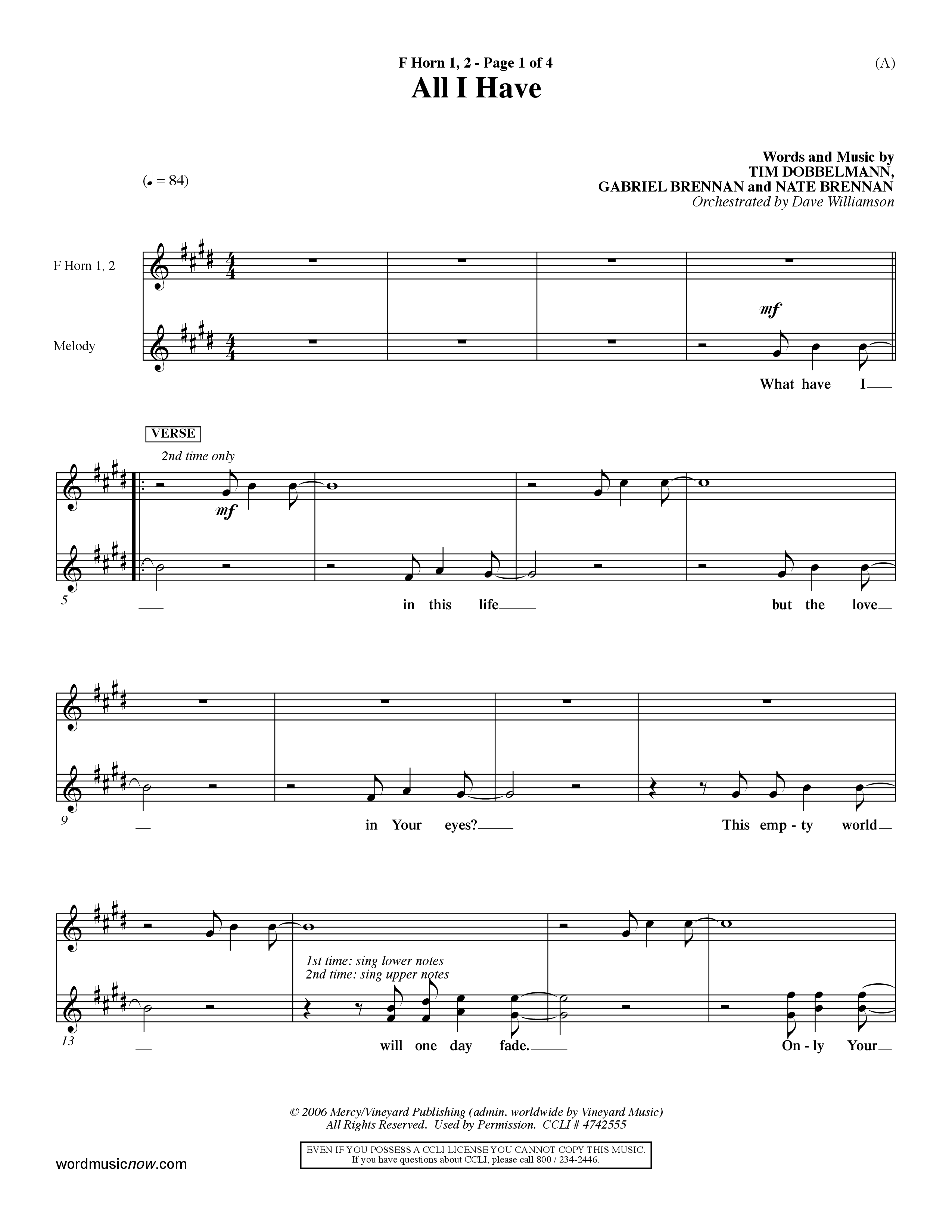 All I Have (Choral Anthem SATB) French Horn (Word Music Choral / Orch. Dave Williamson)
