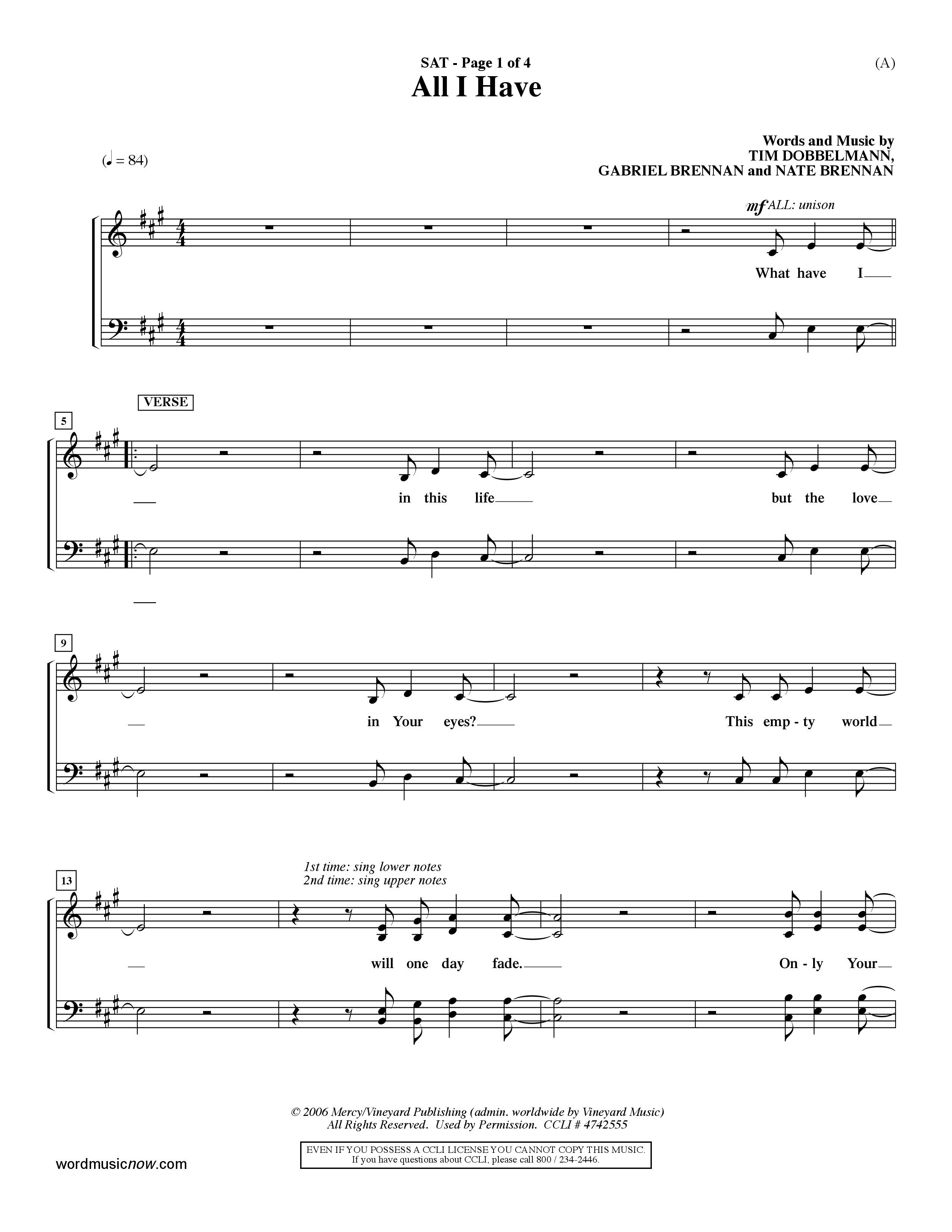 All I Have (Choral Anthem SATB) Lead Sheet (SAT) (Word Music Choral / Orch. Dave Williamson)