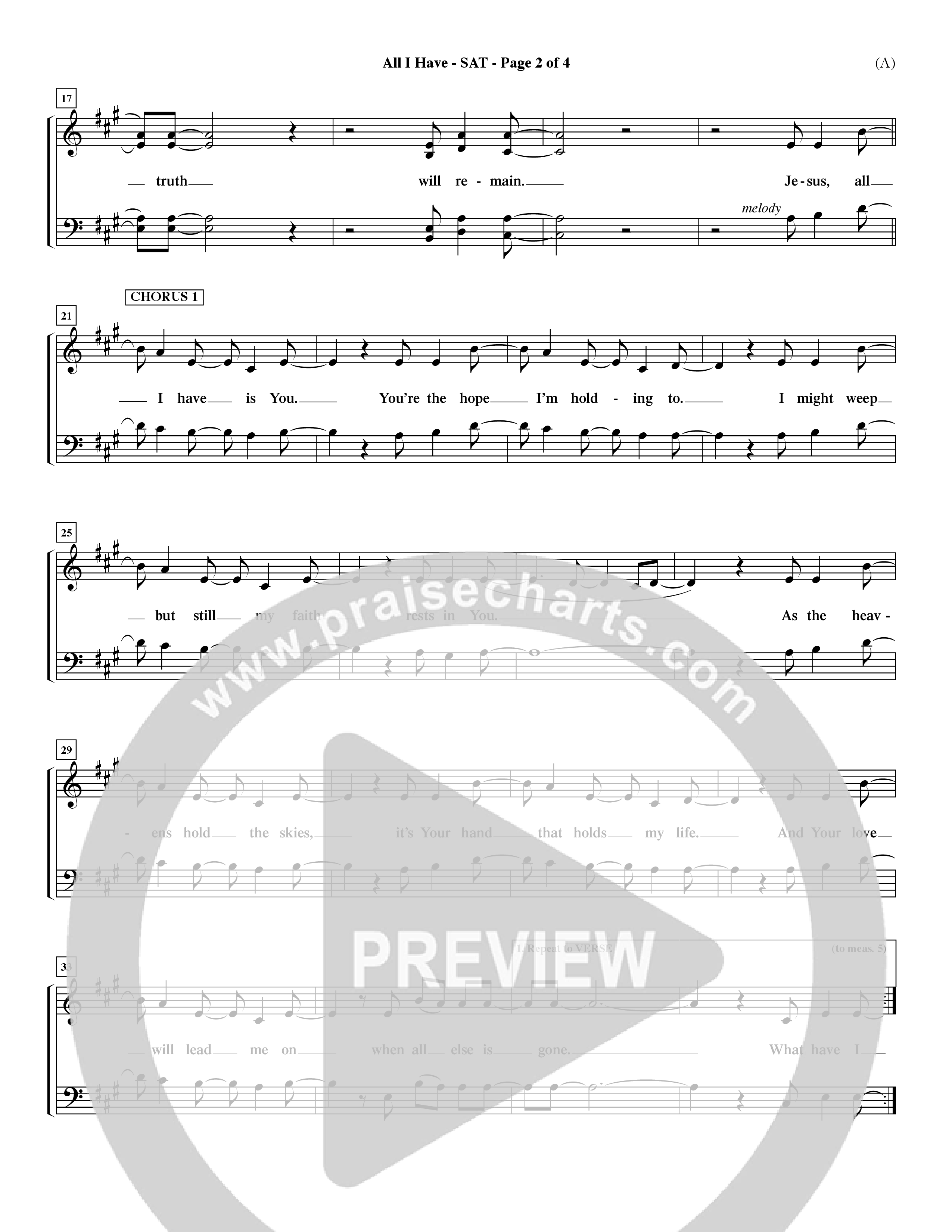 All I Have (Choral Anthem SATB) Lead Sheet (SAT) (Word Music Choral / Orch. Dave Williamson)