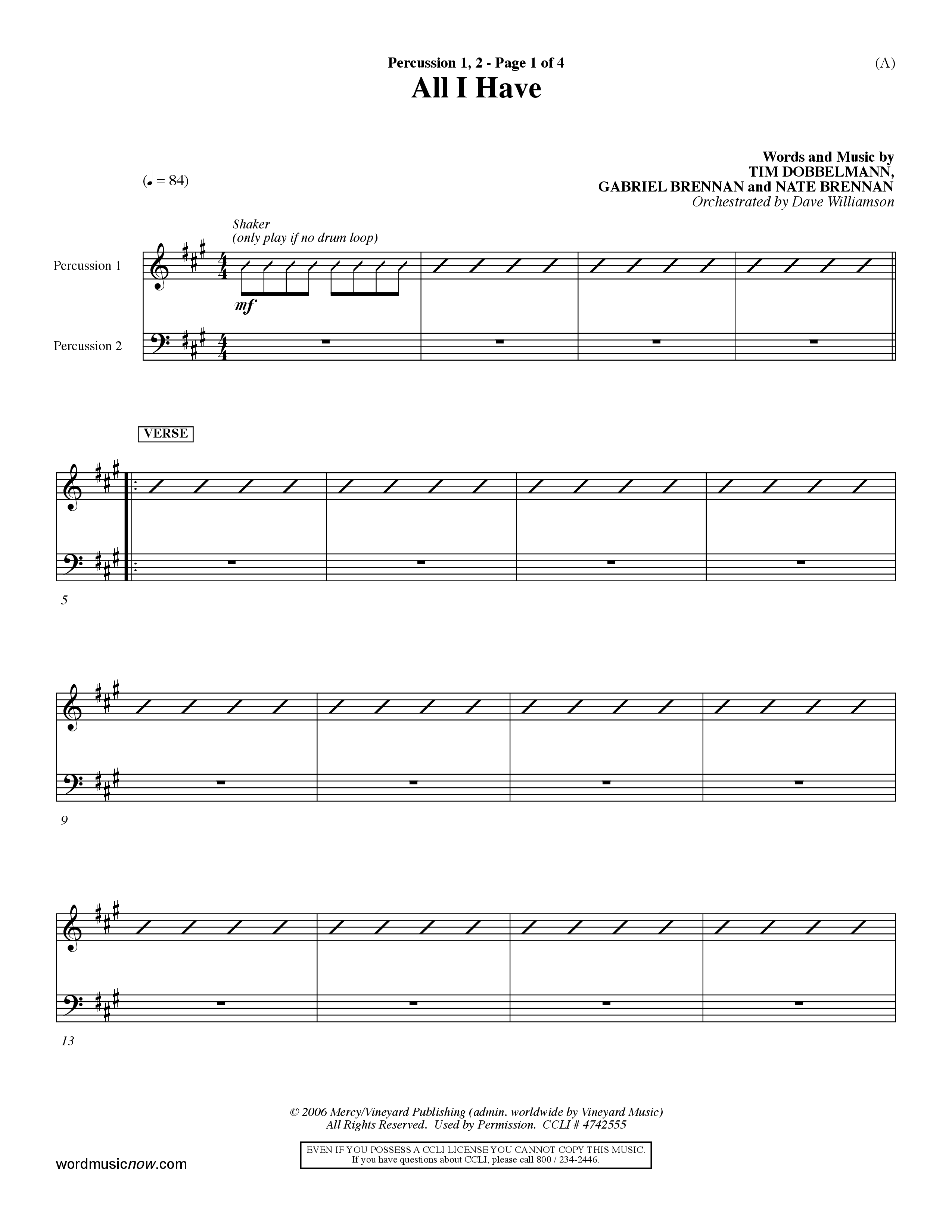 All I Have (Choral Anthem SATB) Percussion 1/2 (Word Music Choral / Orch. Dave Williamson)