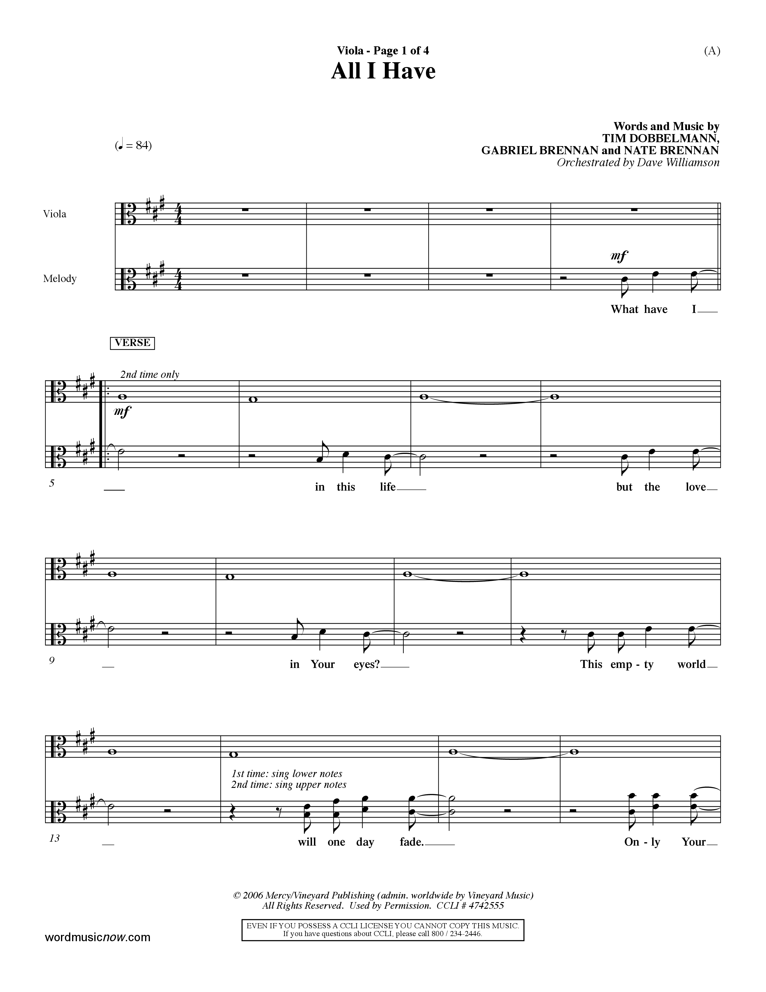 All I Have (Choral Anthem SATB) Viola (Word Music Choral / Orch. Dave Williamson)