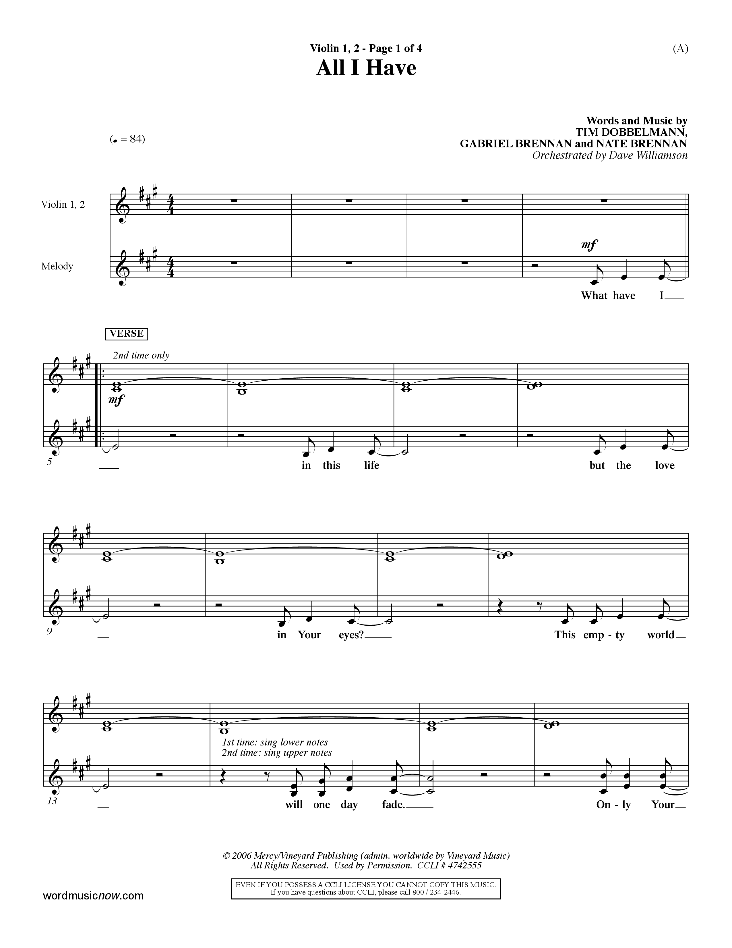 All I Have (Choral Anthem SATB) Violin 1/2 (Word Music Choral / Orch. Dave Williamson)