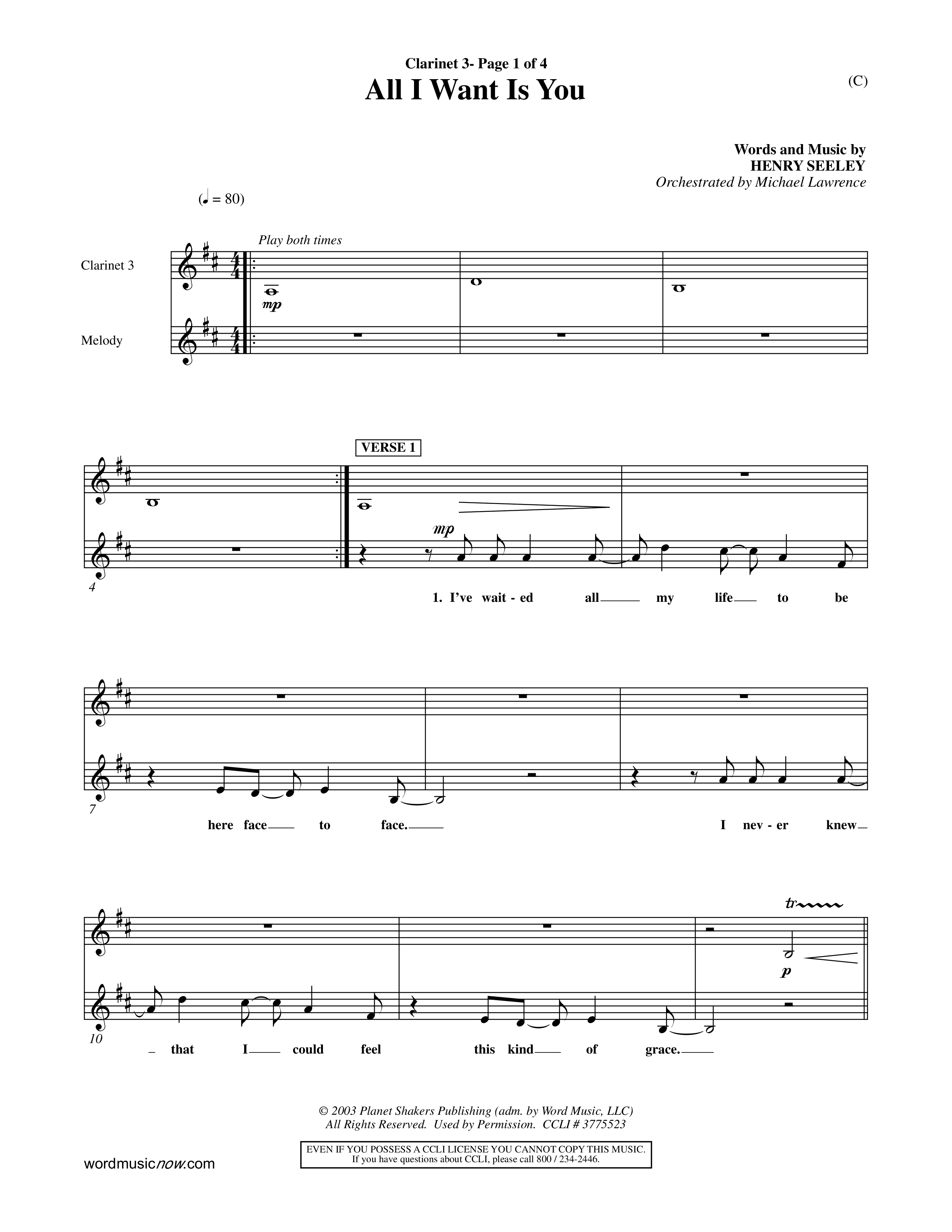 All I Want Is You (Choral Anthem SATB) Clarinet 3 (Word Music Choral / Orch. Michael Lawrence)