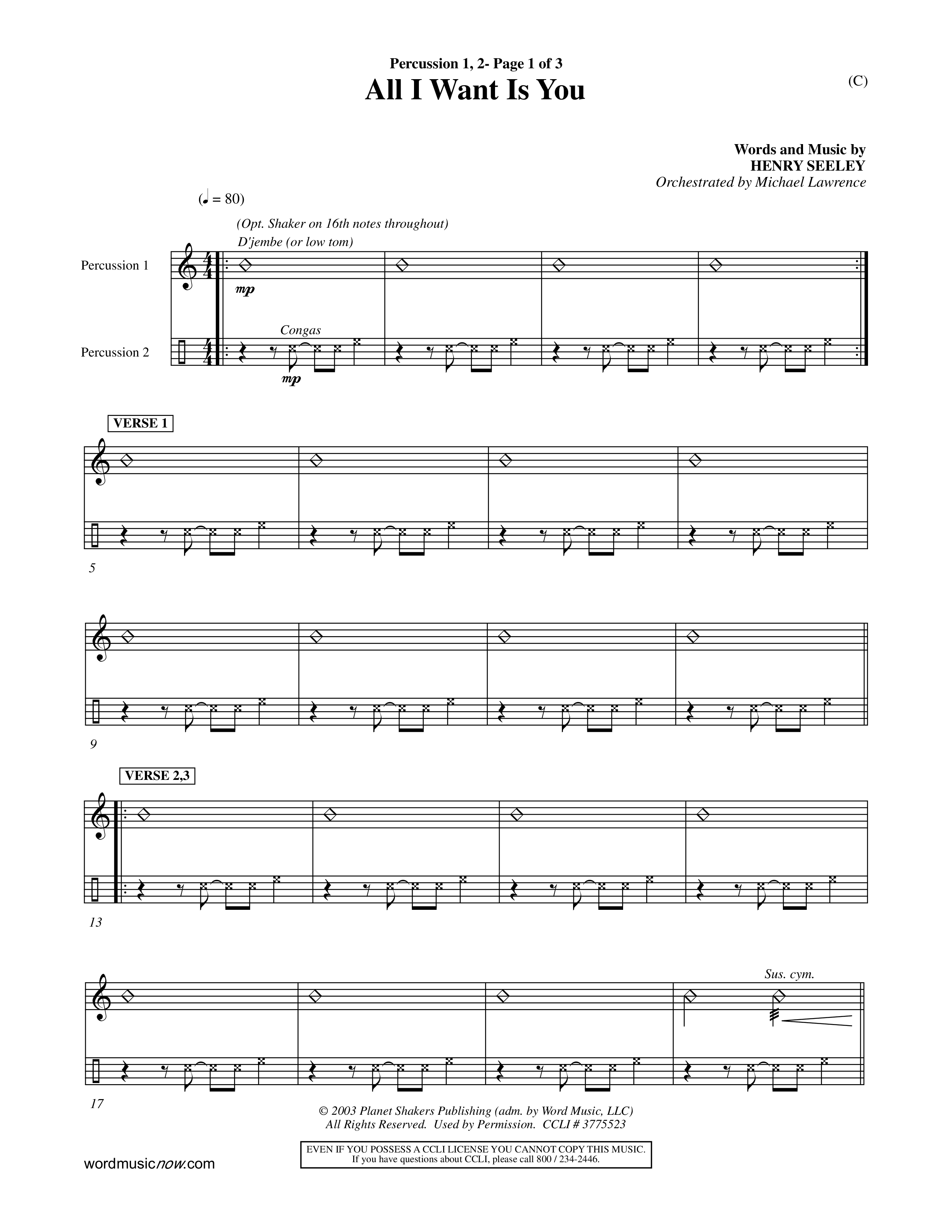 All I Want Is You (Choral Anthem SATB) Percussion 1/2 (Word Music Choral / Orch. Michael Lawrence)