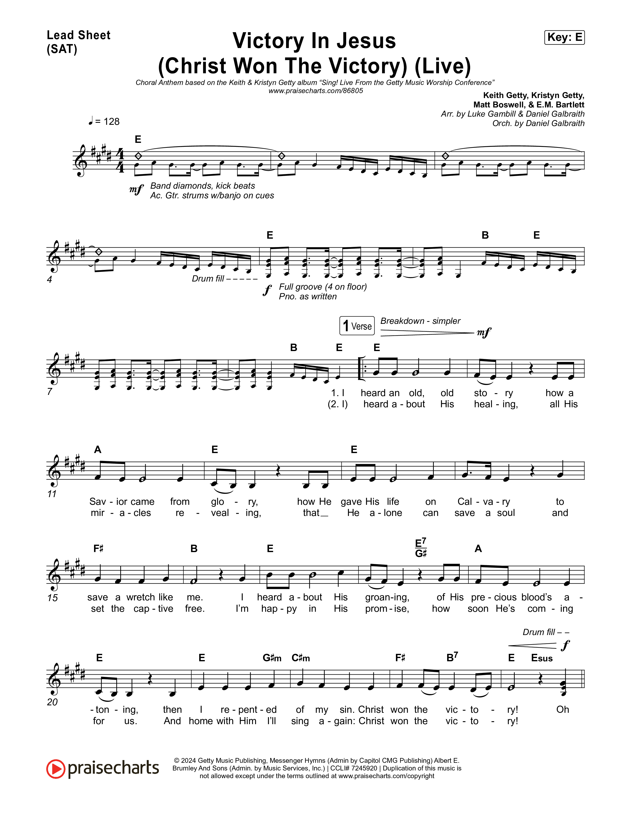 Victory In Jesus (Christ Won The Victory) (Choral Anthem SATB) Lead Sheet (SAT) (Keith & Kristyn Getty / Matt Boswell / Arr. Luke Gambill)