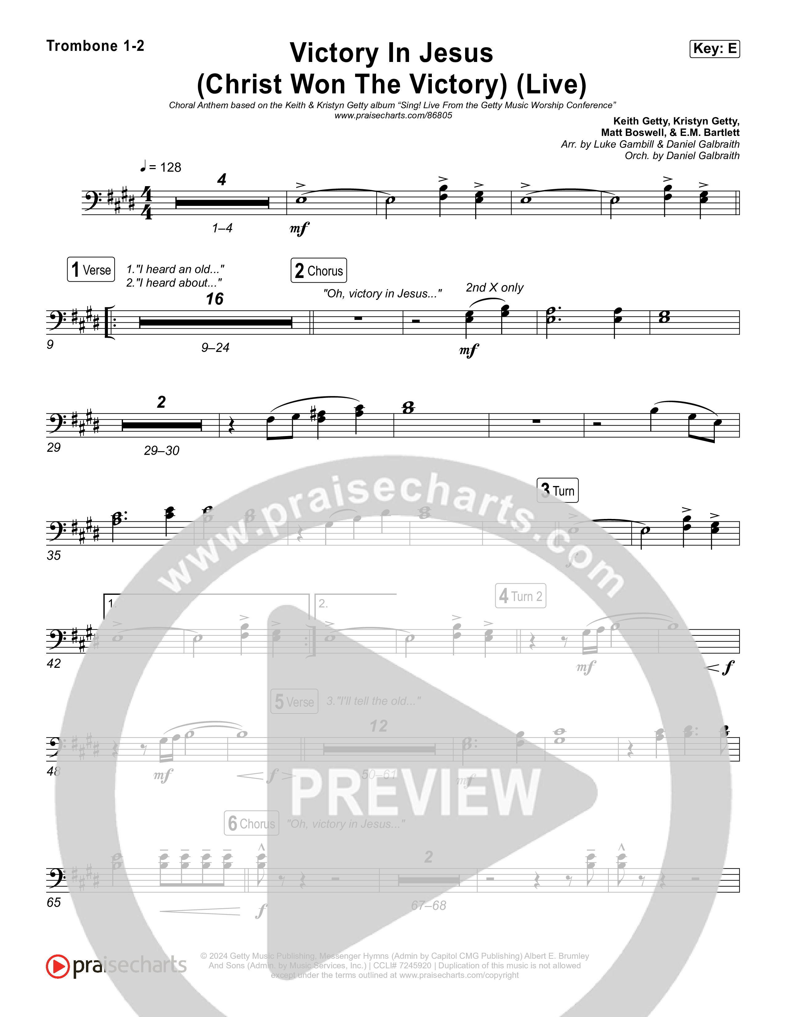 Victory In Jesus (Christ Won The Victory) (Choral Anthem SATB) Trombone 1,2 (Keith & Kristyn Getty / Matt Boswell / Arr. Luke Gambill)