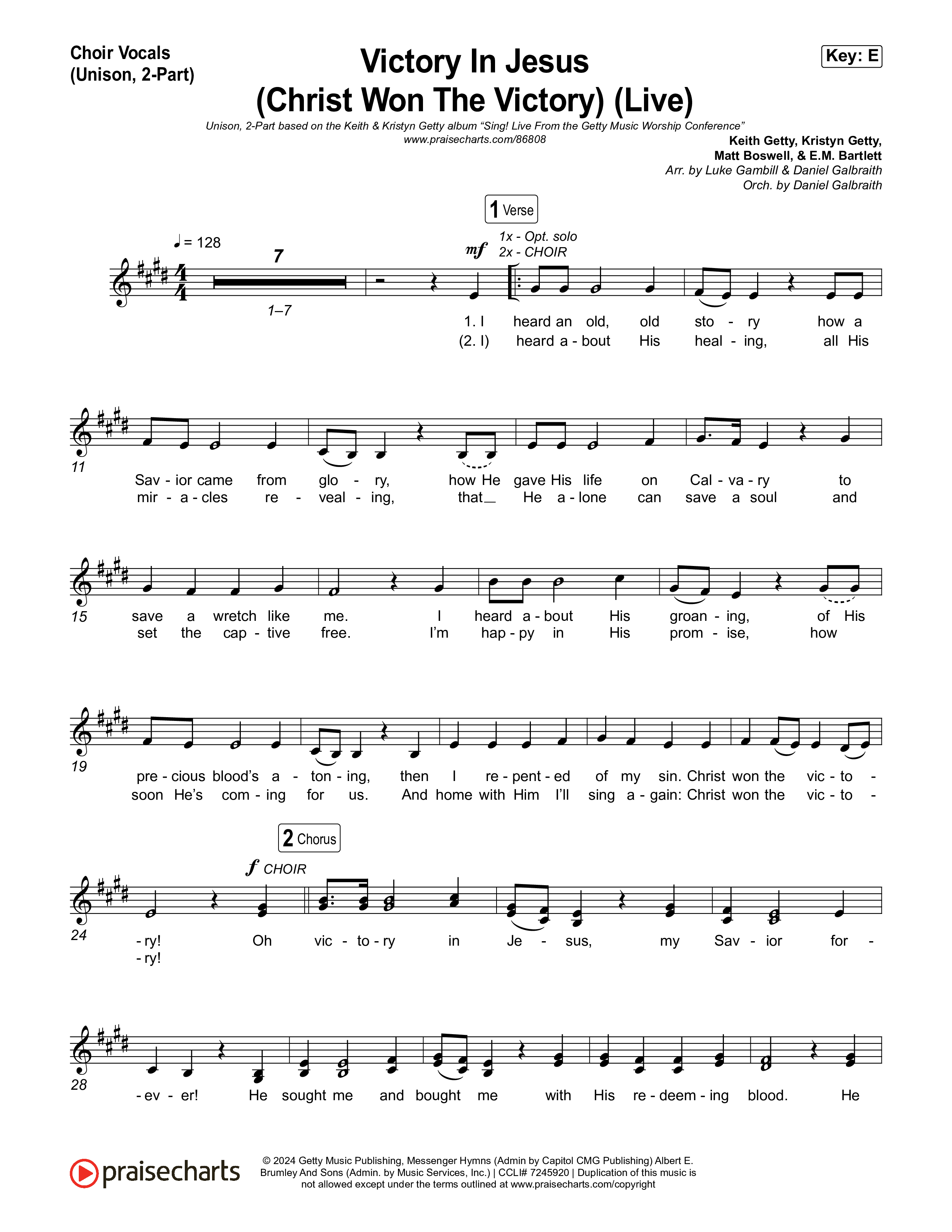 Victory In Jesus (Christ Won The Victory) (Unison/2-Part) Choir Vocals (Uni/2-Part) (Keith & Kristyn Getty / Matt Boswell / Arr. Luke Gambill)