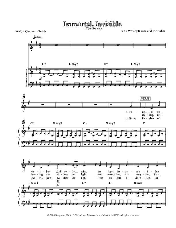 Immortal Invisible (God Only Wise) Piano/Vocal (Scott Wesley Brown)