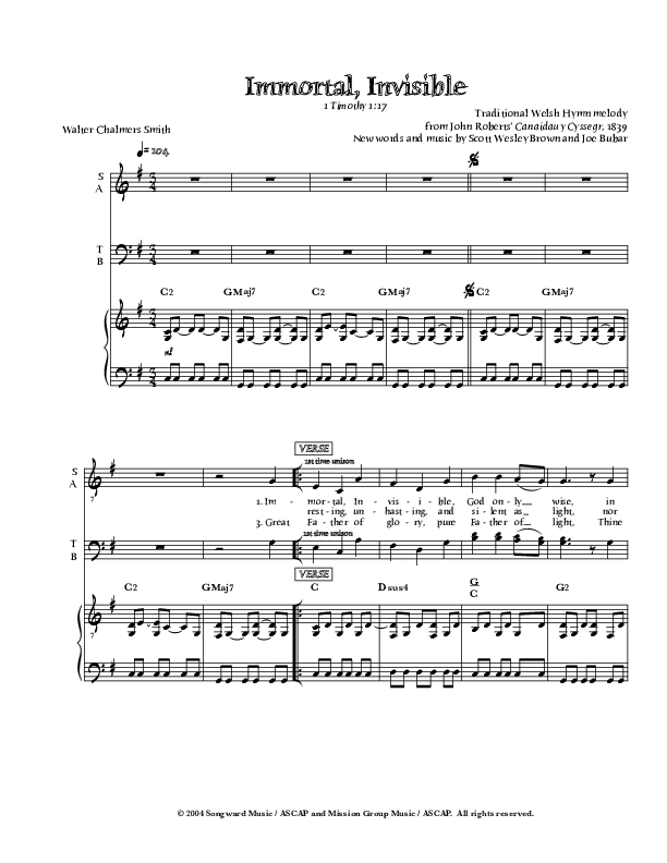 Immortal Invisible (God Only Wise) Piano/Vocal (SATB) (Scott Wesley Brown)