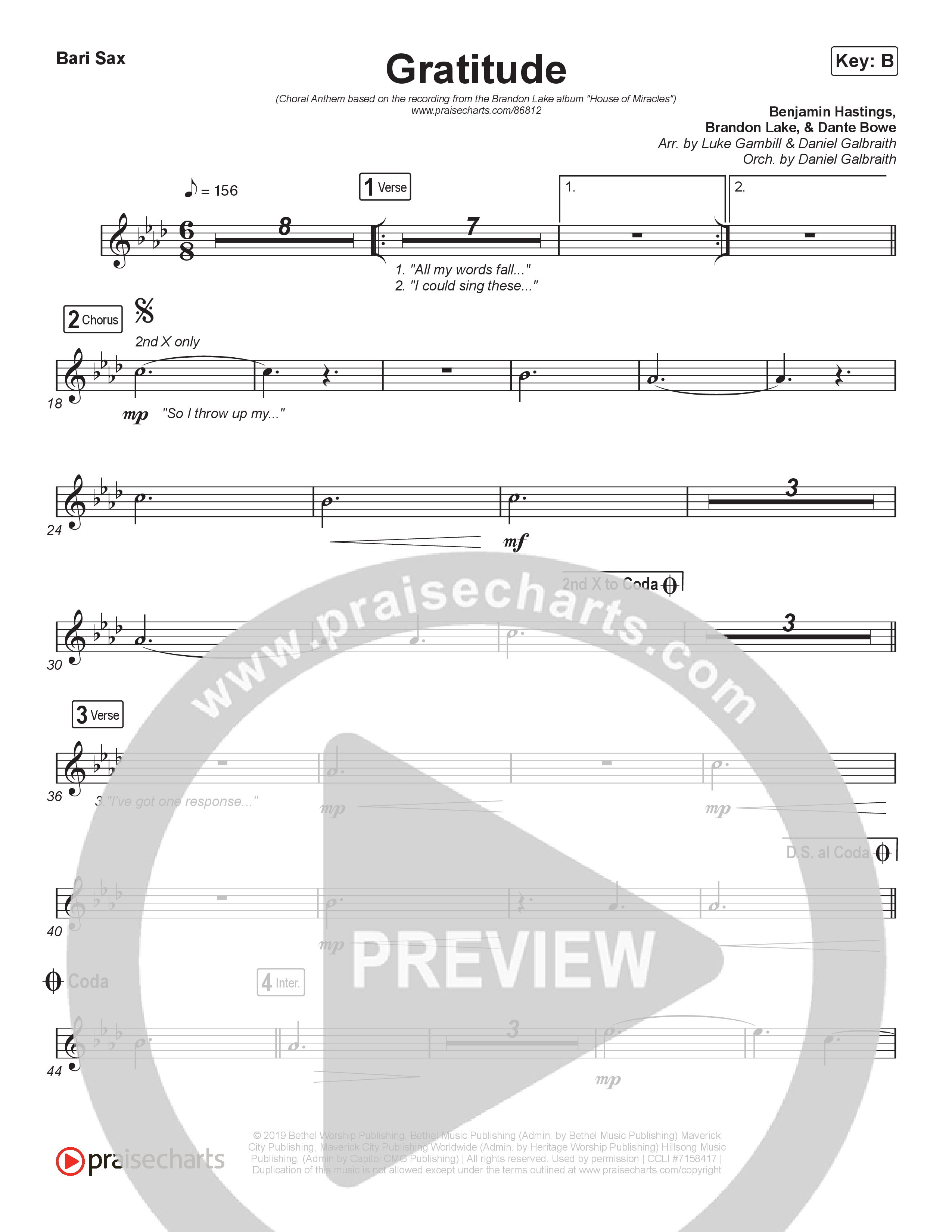 Gratitude (Choral Anthem SATB) Bari Sax (Brandon Lake / Arr. Luke Gambill)
