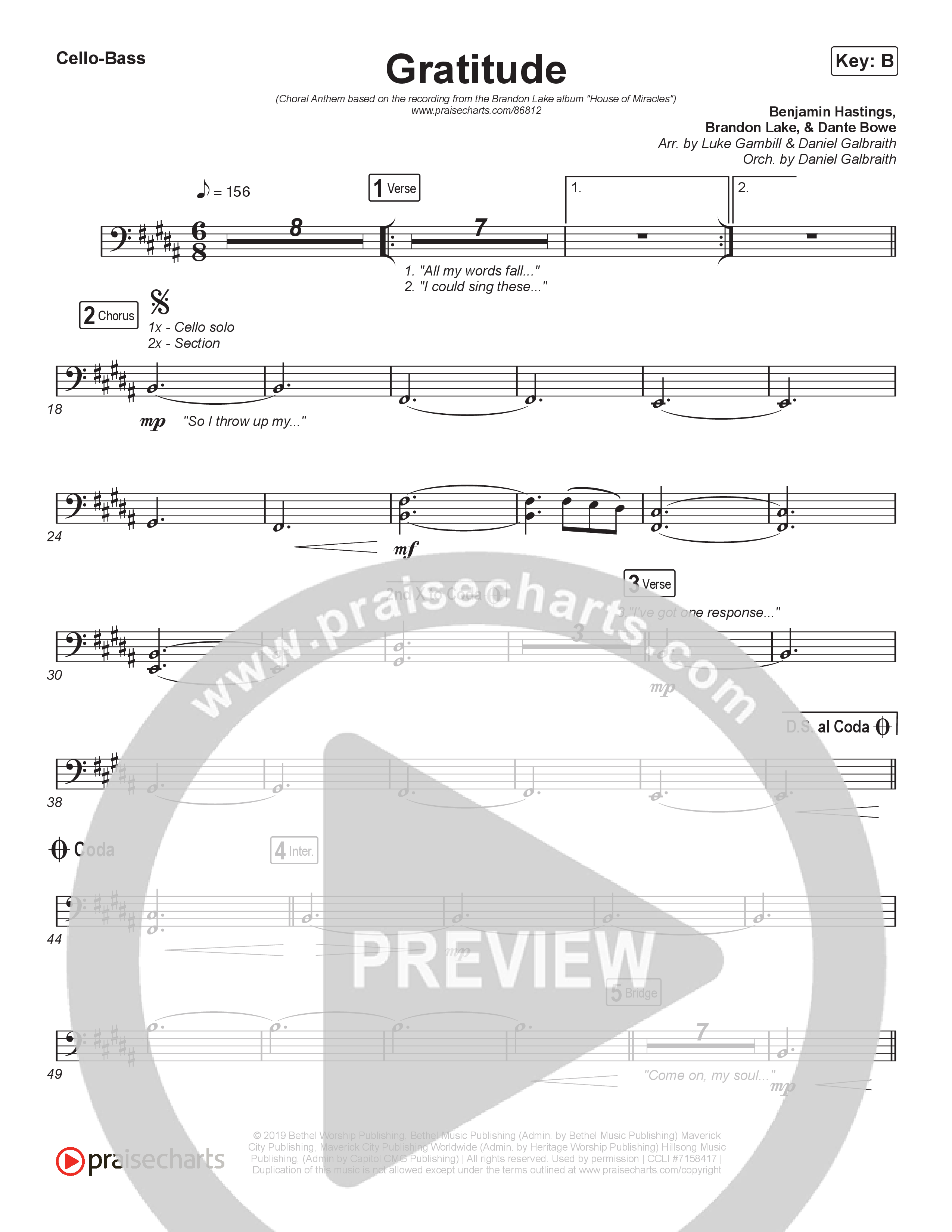 Gratitude (Choral Anthem SATB) Cello/Bass (Brandon Lake / Arr. Luke Gambill)