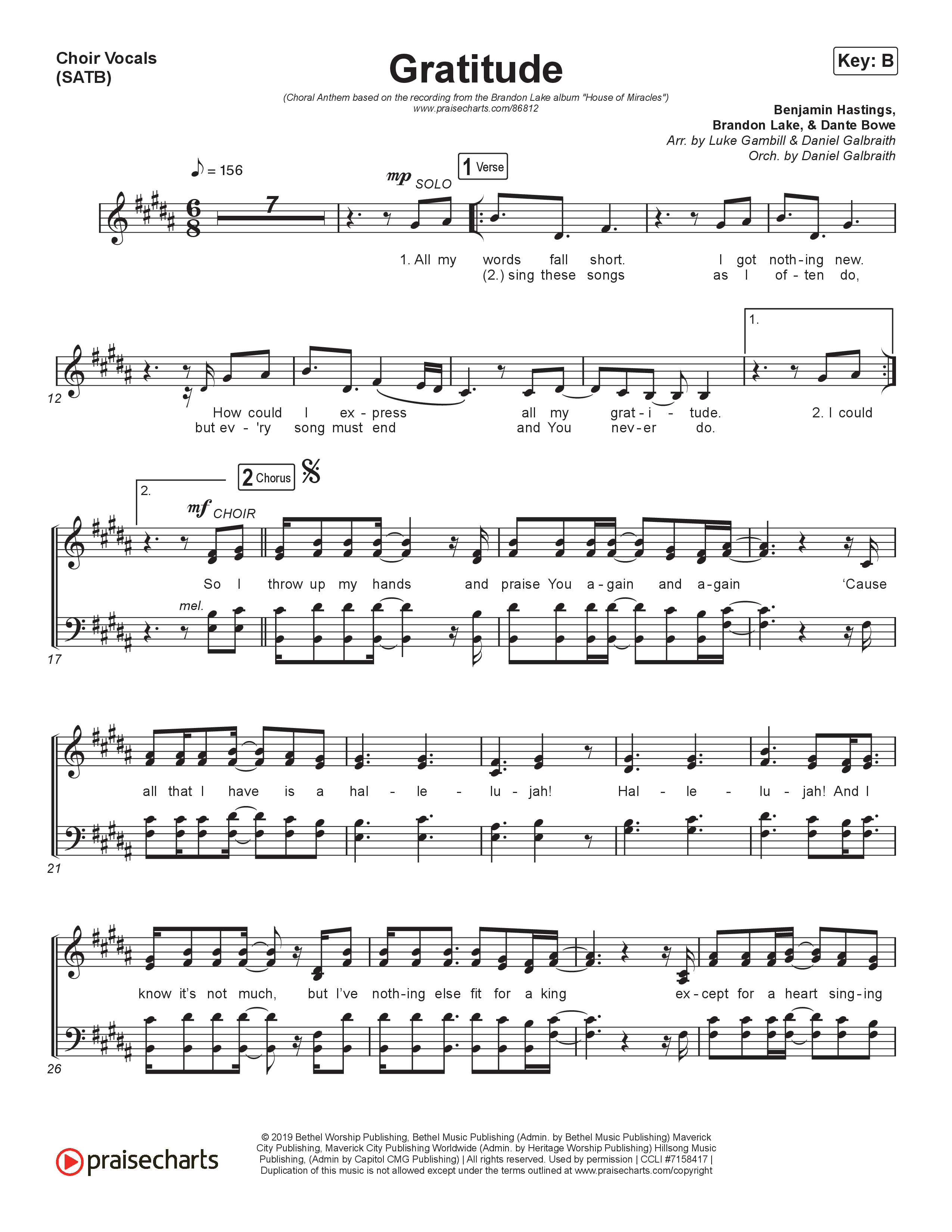 Gratitude (Choral Anthem SATB) Choir Sheet (SATB) (Brandon Lake / Arr. Luke Gambill)