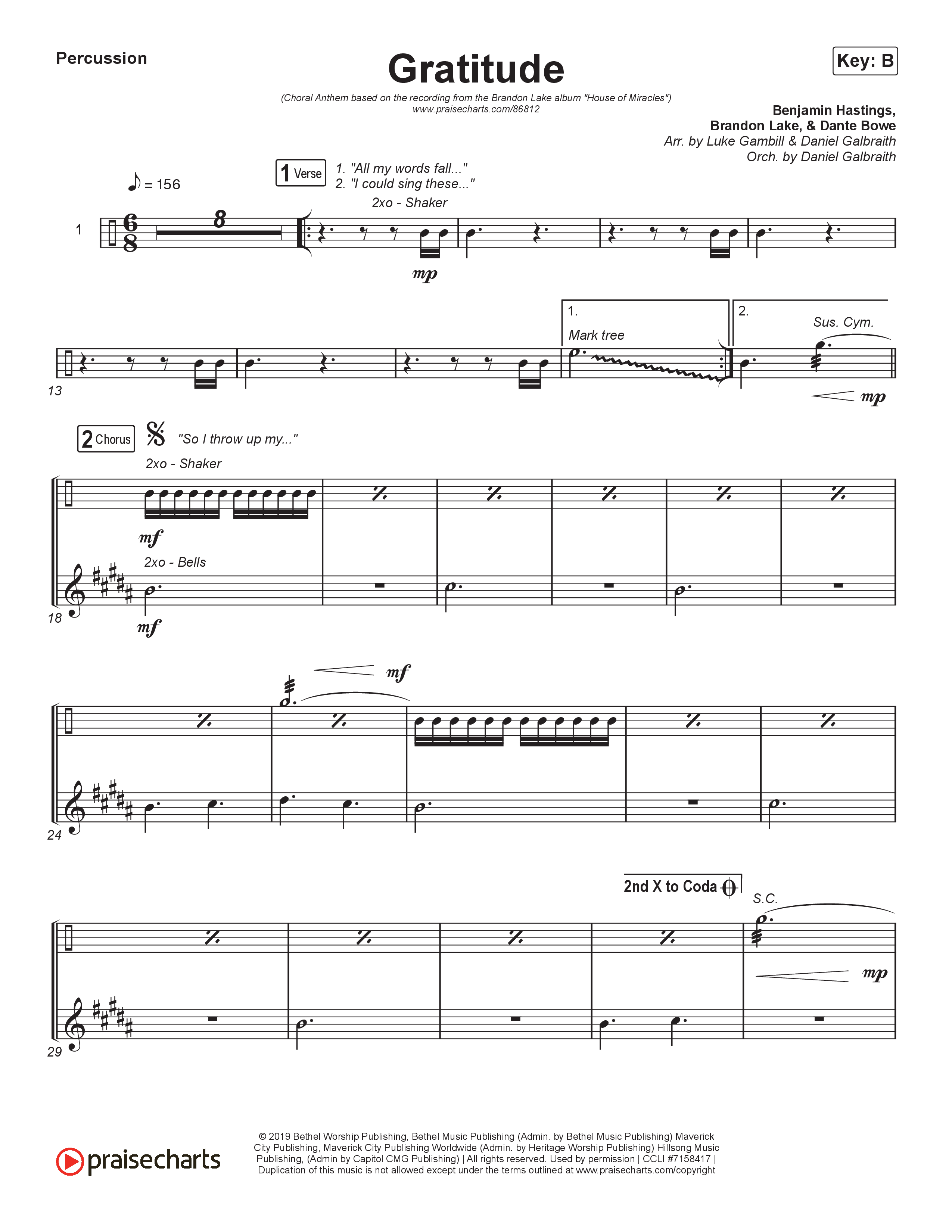 Gratitude (Choral Anthem SATB) Percussion (Brandon Lake / Arr. Luke Gambill)
