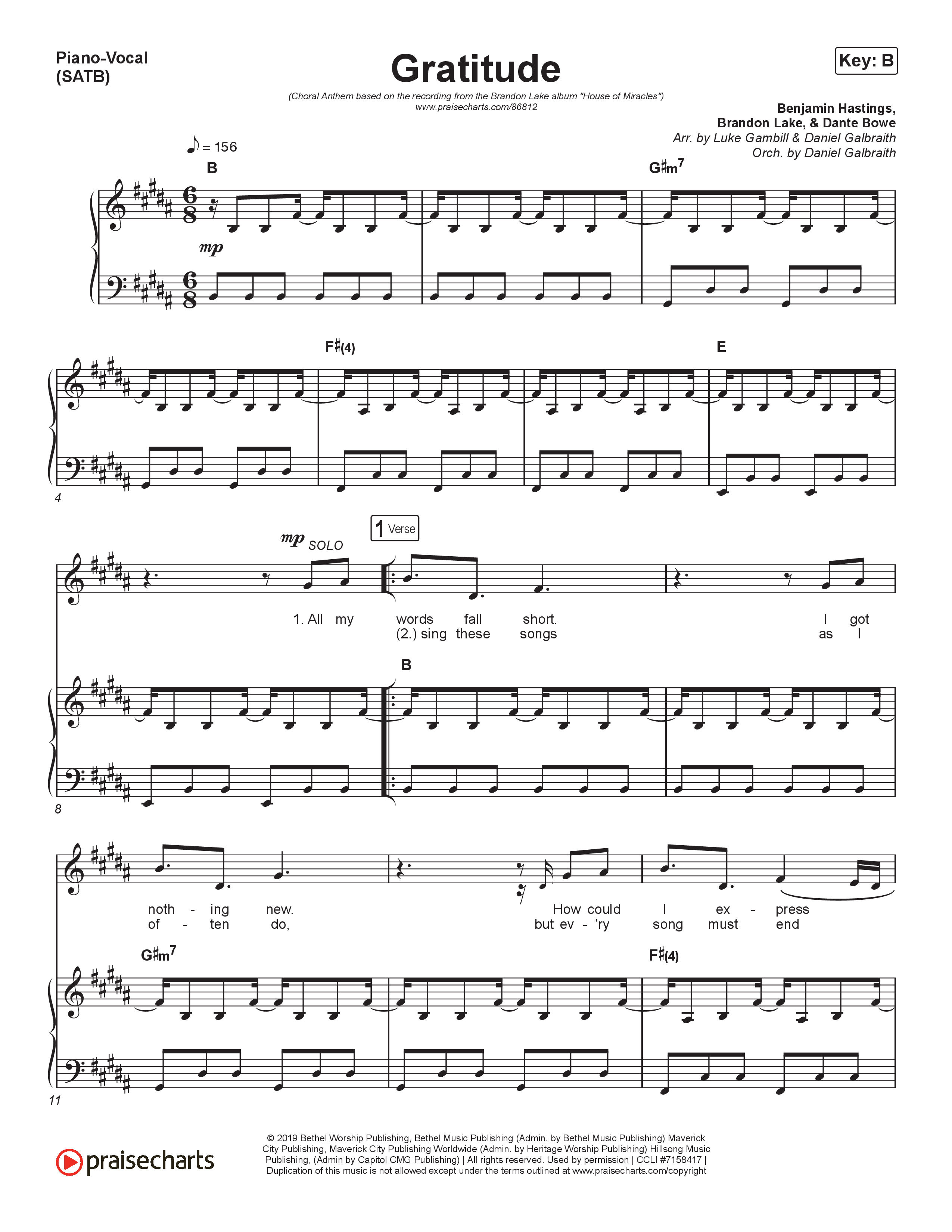 Gratitude (Choral Anthem SATB) Piano/Vocal (SATB) (Brandon Lake / Arr. Luke Gambill)