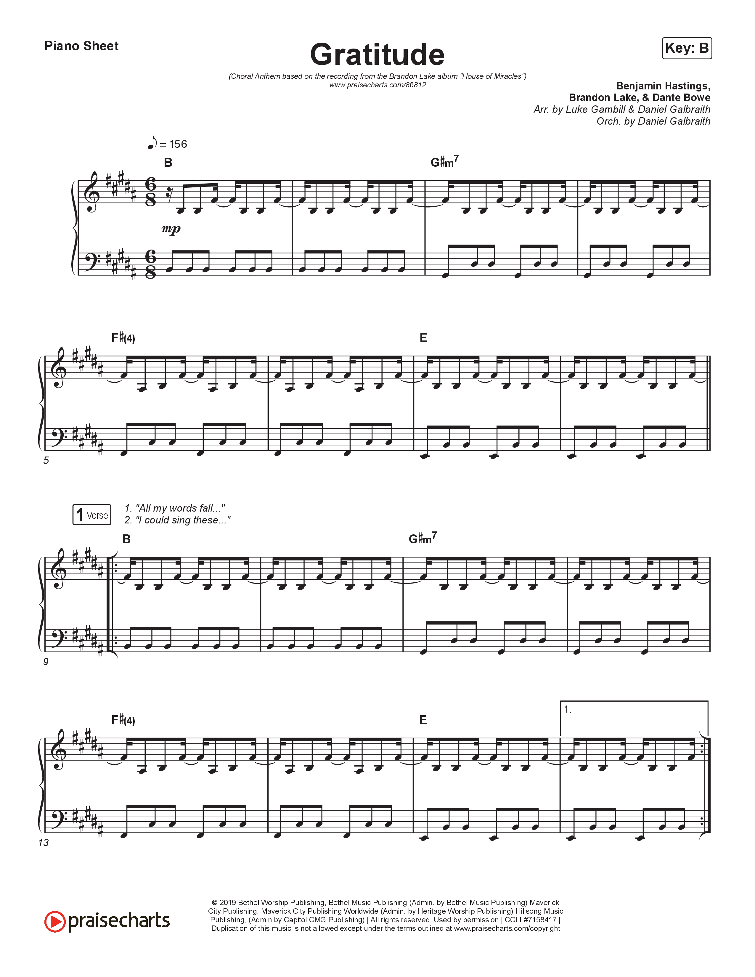 Gratitude (Choral Anthem SATB) Piano Sheet (Brandon Lake / Arr. Luke Gambill)