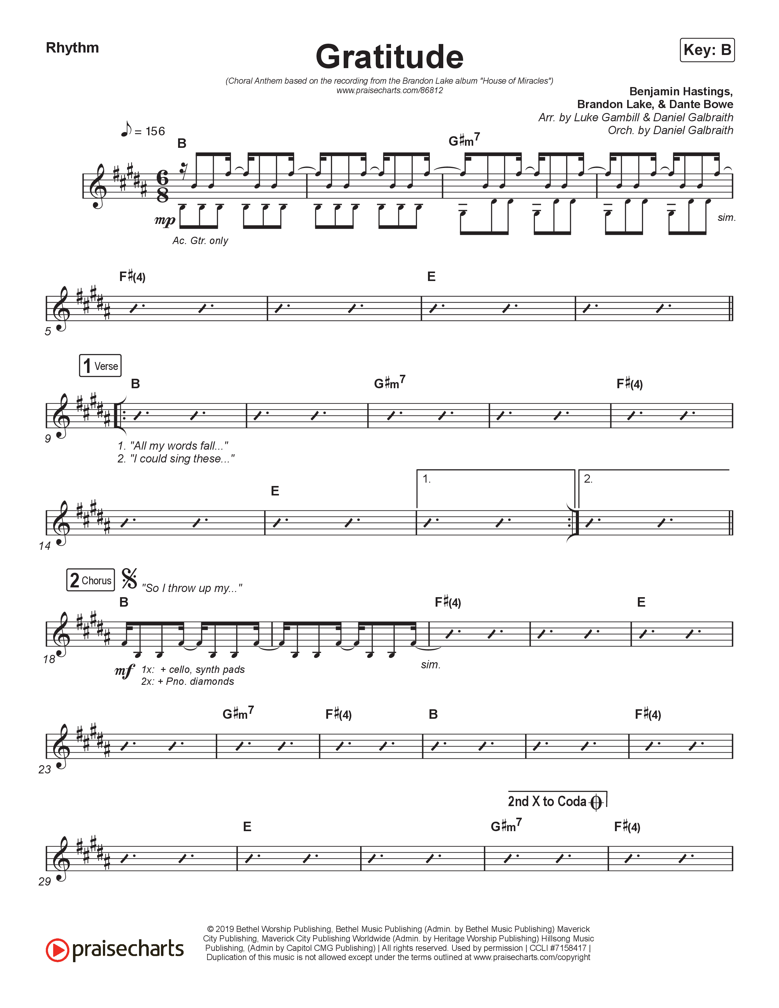 Gratitude (Choral Anthem SATB) Rhythm Chart (Brandon Lake / Arr. Luke Gambill)