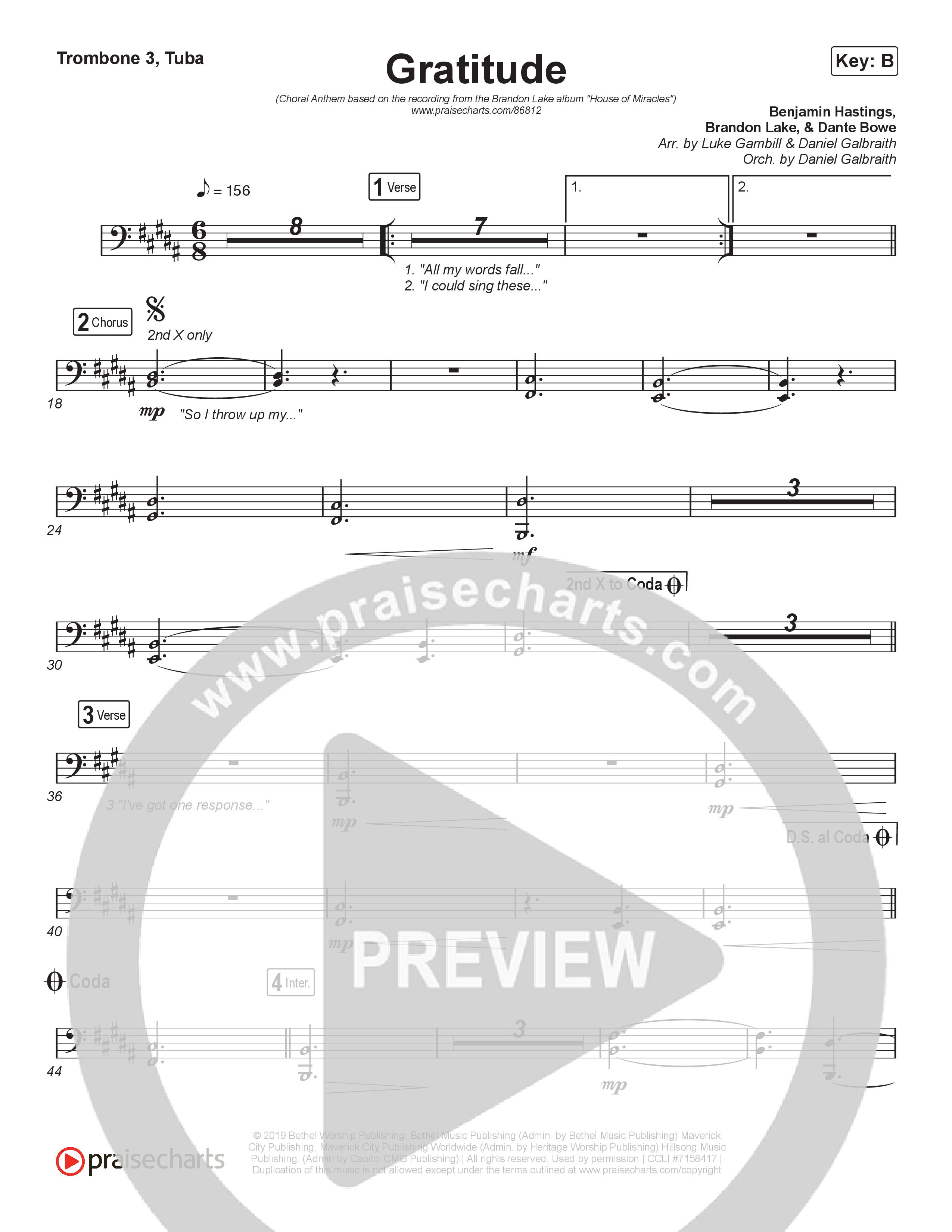 Gratitude (Choral Anthem SATB) Trombone 3/Tuba (Brandon Lake / Arr. Luke Gambill)