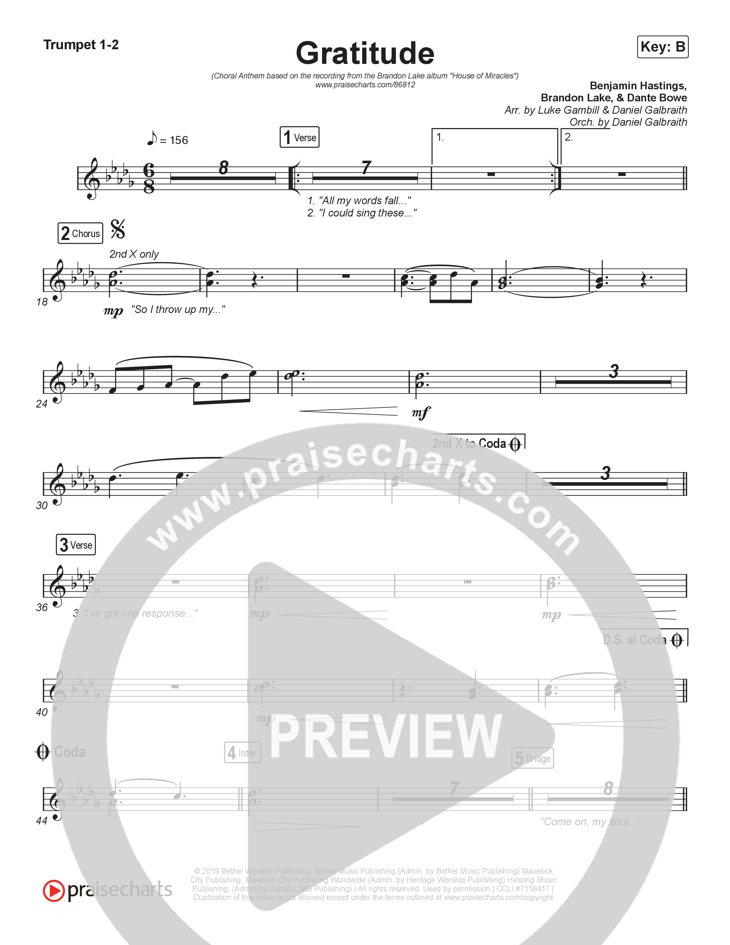 Gratitude (Choral Anthem SATB) Trumpet 1,2 (Brandon Lake / Arr. Luke Gambill)