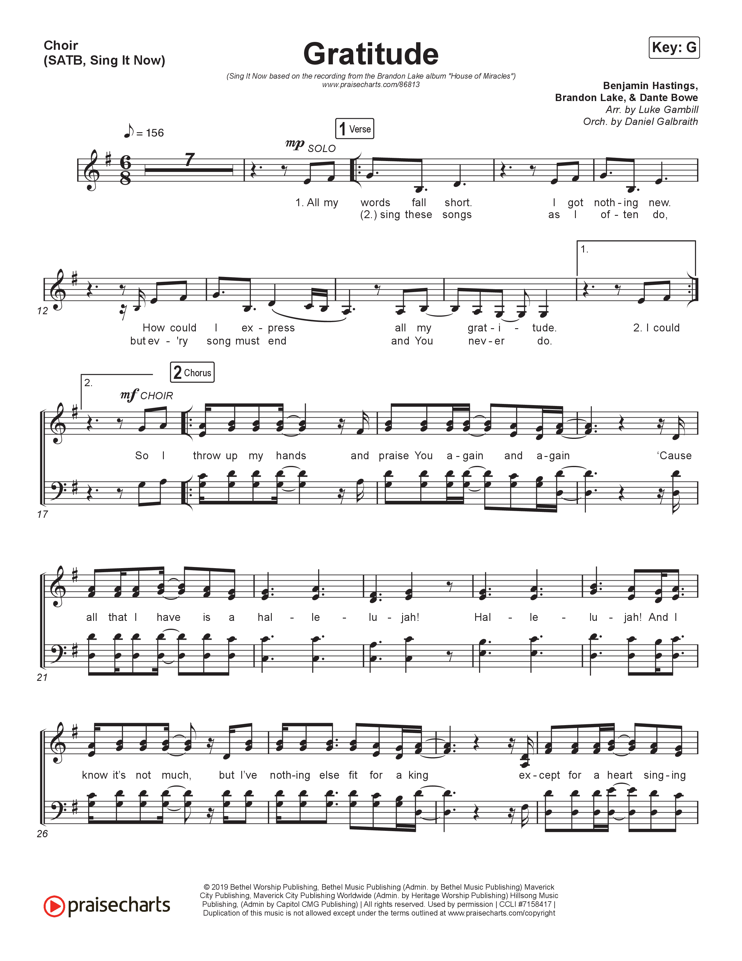Gratitude (Sing It Now) Choir Sheet (SATB) (Brandon Lake / Arr. Luke Gambill)
